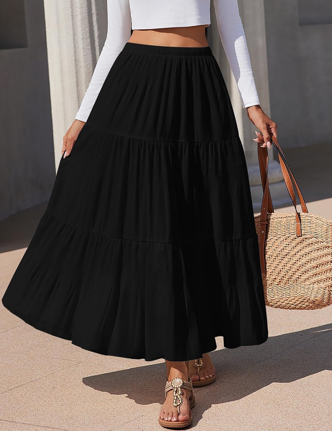 image:imageZeagoo Womens Maxi Skirt Chiffon Elastic High Waist Pockets Pleated ALine Flowy Skirts02black
