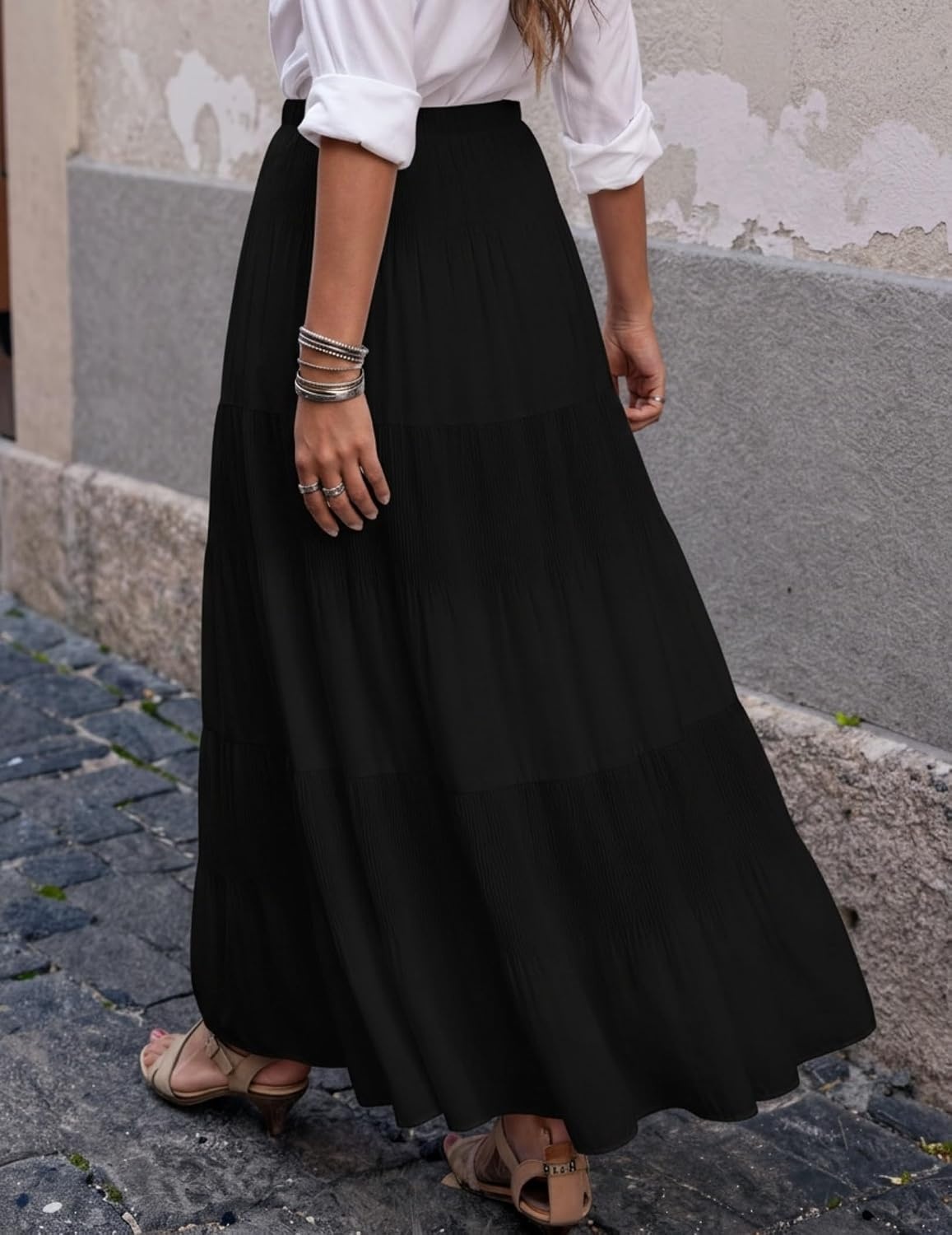 image:imageZeagoo Womens Maxi Skirt Chiffon Elastic High Waist Pockets Pleated ALine Flowy Skirts02black