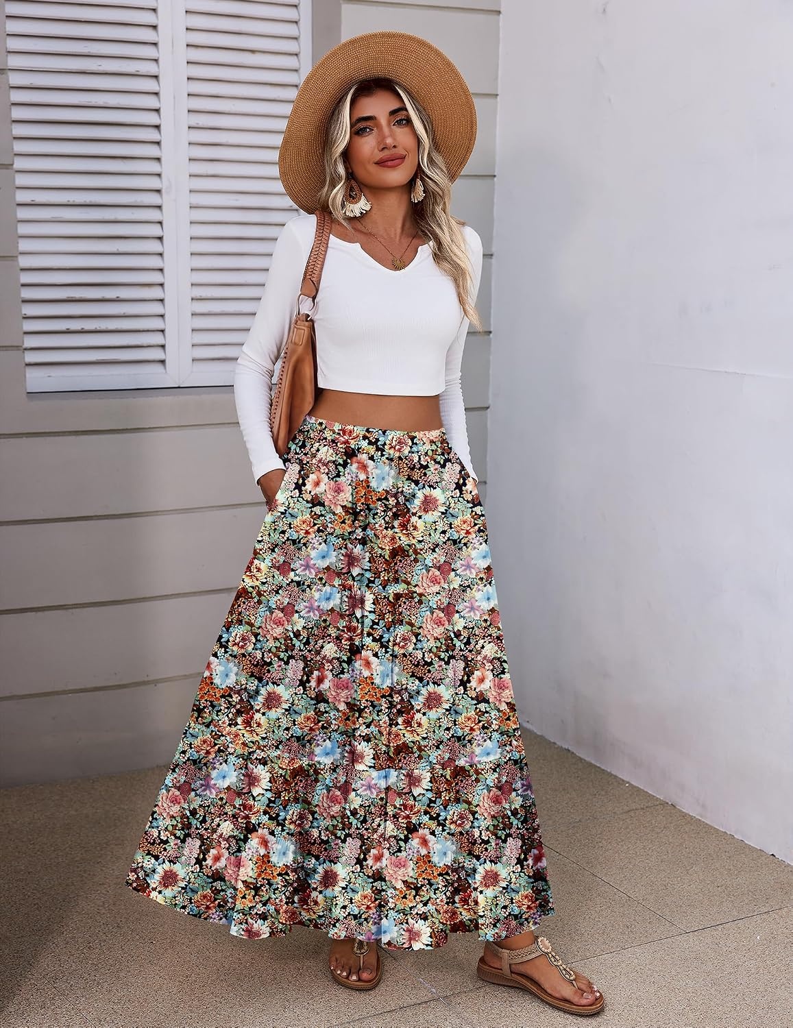 image:imageZeagoo Womens Maxi Skirt Chiffon Elastic High Waist Pockets Pleated ALine Flowy Skirts04wf66