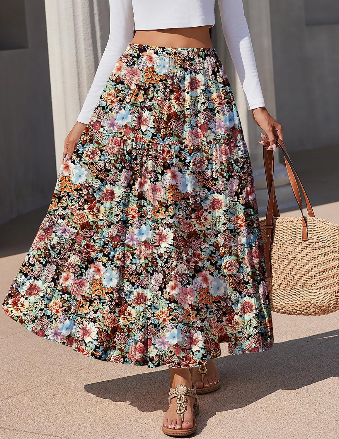 image:imageZeagoo Womens Maxi Skirt Chiffon Elastic High Waist Pockets Pleated ALine Flowy Skirts04wf66