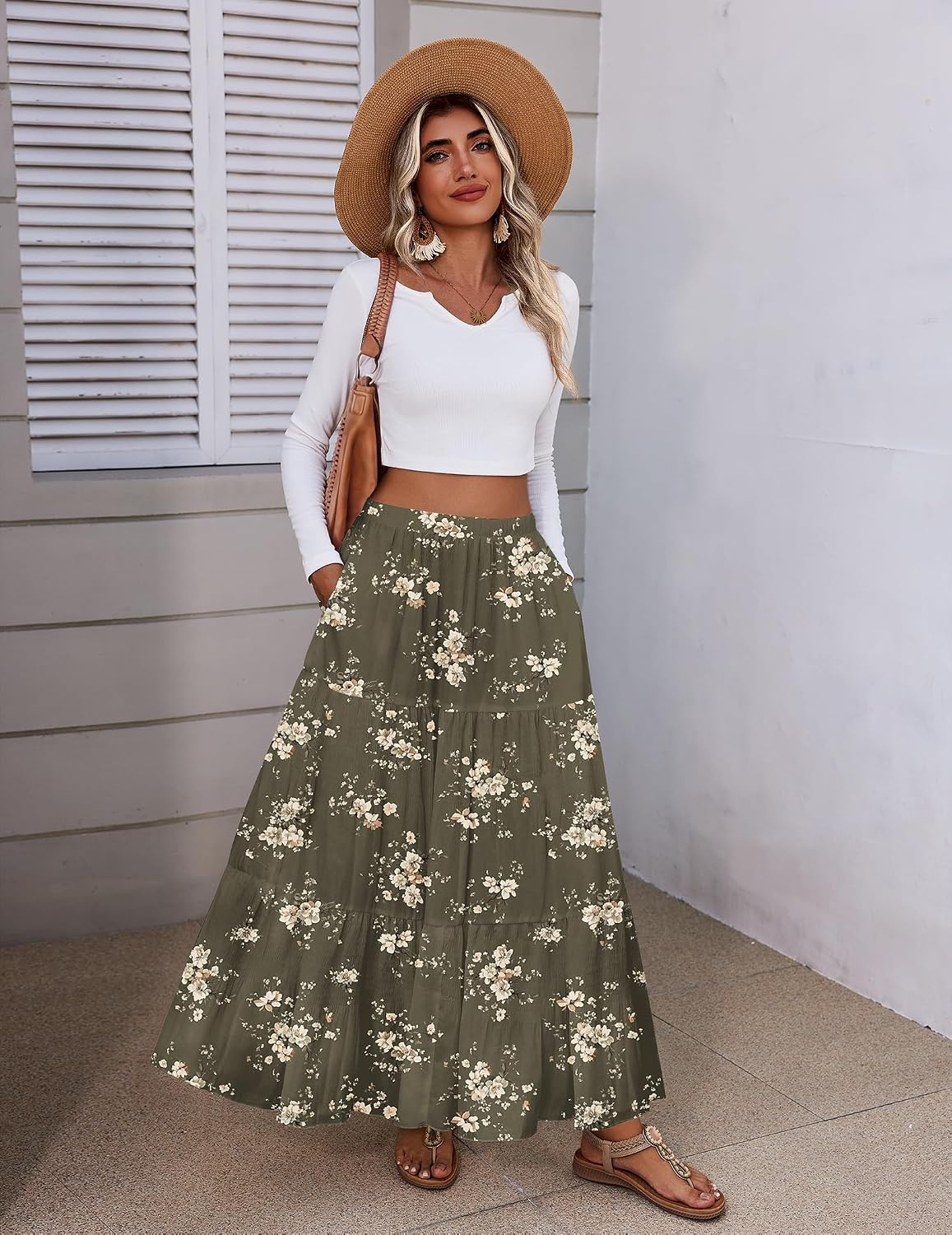 image:imageZeagoo Womens Maxi Skirt Chiffon Elastic High Waist Pockets Pleated ALine Flowy SkirtsBf387