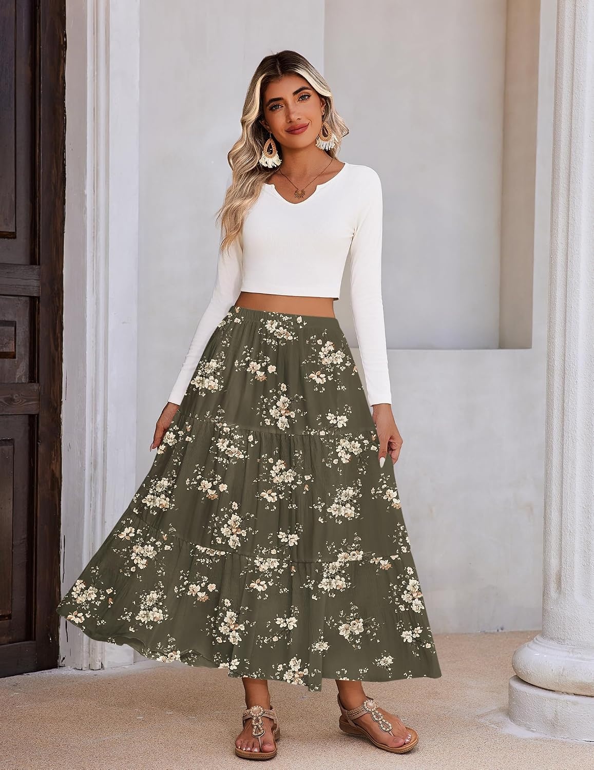 image:imageZeagoo Womens Maxi Skirt Chiffon Elastic High Waist Pockets Pleated ALine Flowy SkirtsBf387