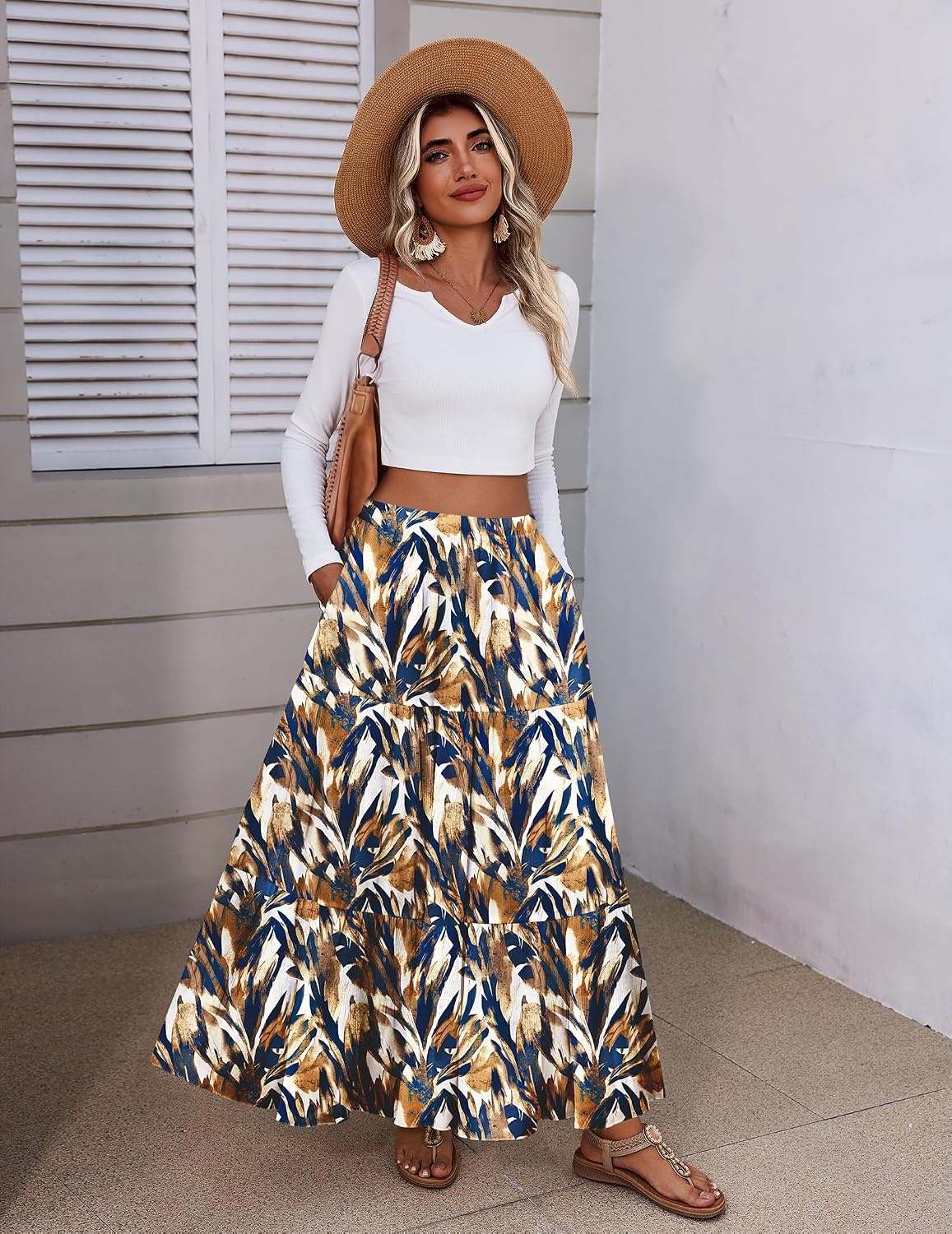 image:imageZeagoo Womens Maxi Skirt Chiffon Elastic High Waist Pockets Pleated ALine Flowy SkirtsCx354