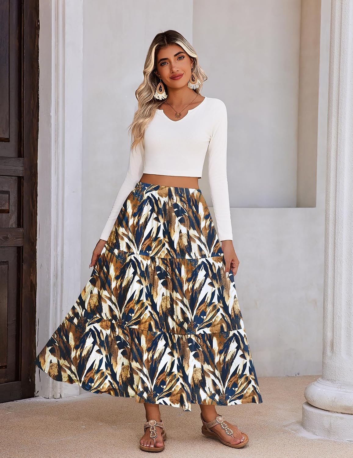 image:imageZeagoo Womens Maxi Skirt Chiffon Elastic High Waist Pockets Pleated ALine Flowy SkirtsCx354