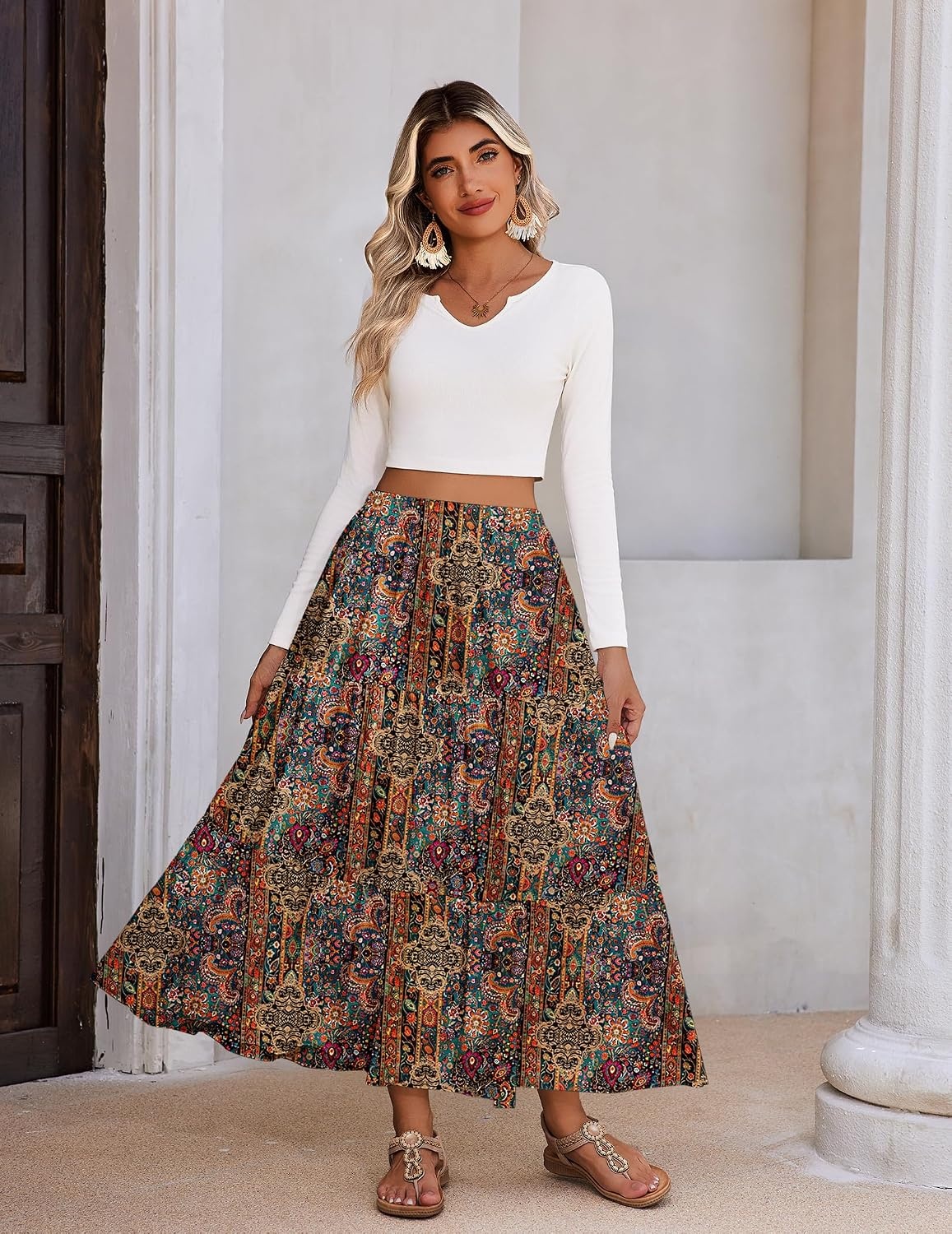 image:imageZeagoo Womens Maxi Skirt Chiffon Elastic High Waist Pockets Pleated ALine Flowy SkirtsMz721