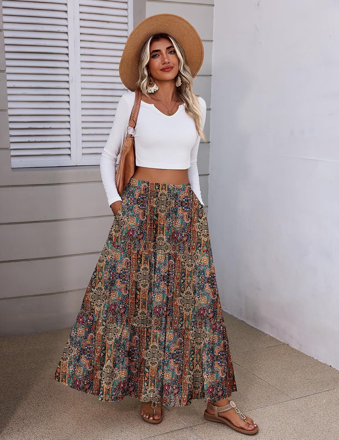 image:imageZeagoo Womens Maxi Skirt Chiffon Elastic High Waist Pockets Pleated ALine Flowy SkirtsMz721