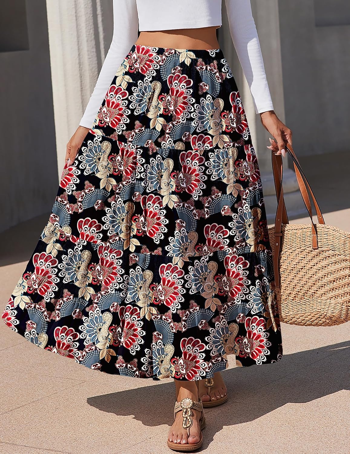 image:imageZeagoo Womens Maxi Skirt Chiffon Elastic High Waist Pockets Pleated ALine Flowy SkirtsMz951