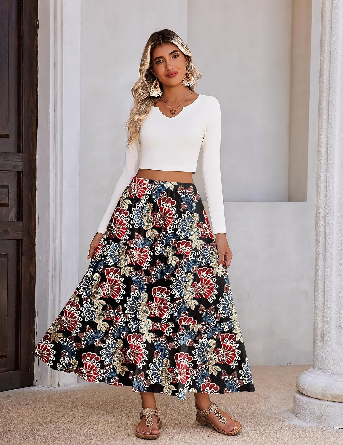 image:imageZeagoo Womens Maxi Skirt Chiffon Elastic High Waist Pockets Pleated ALine Flowy SkirtsMz951