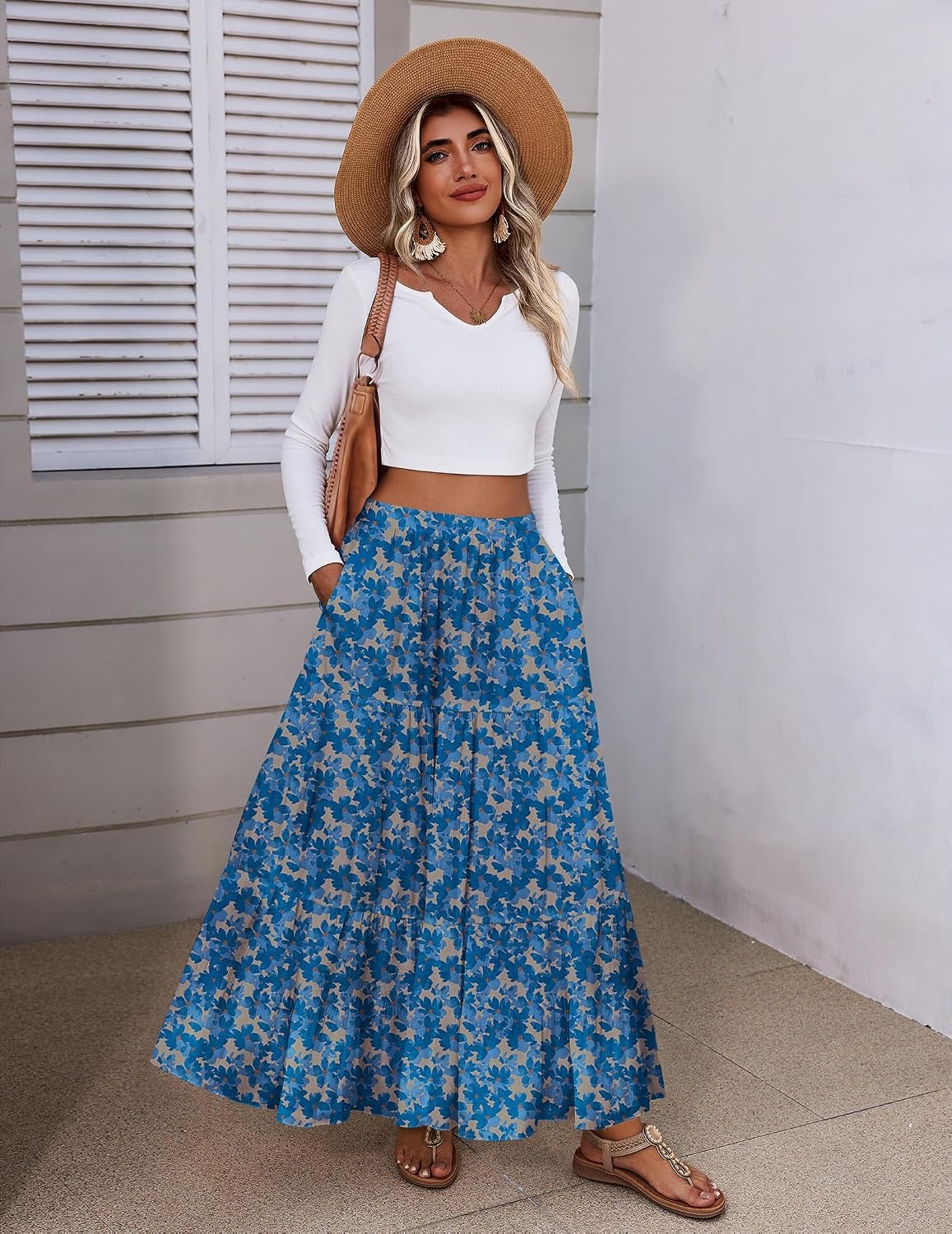 image:imageZeagoo Womens Maxi Skirt Chiffon Elastic High Waist Pockets Pleated ALine Flowy SkirtsWf164