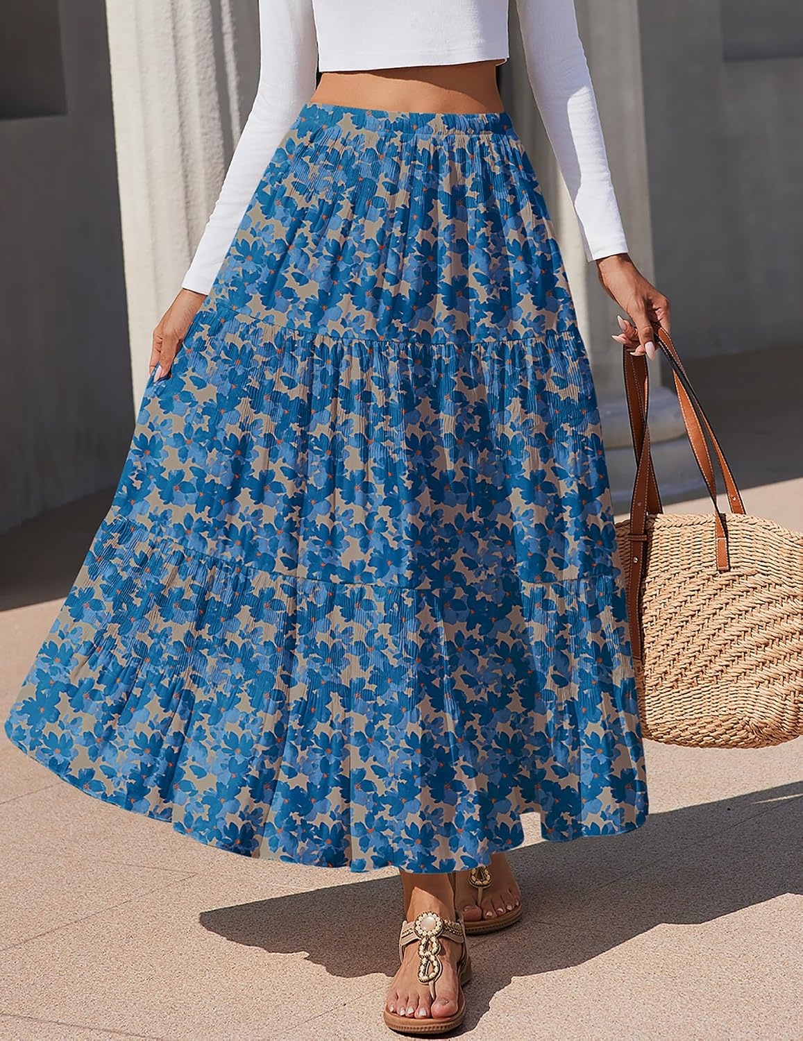 image:imageZeagoo Womens Maxi Skirt Chiffon Elastic High Waist Pockets Pleated ALine Flowy SkirtsWf164