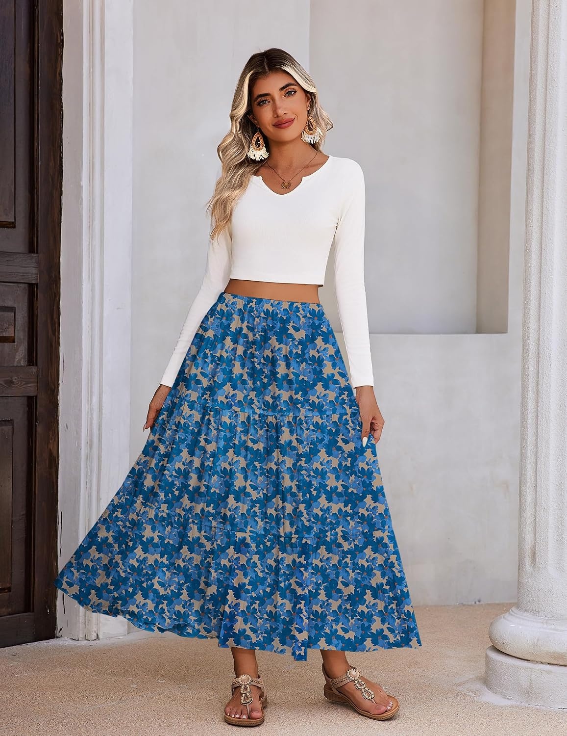 image:imageZeagoo Womens Maxi Skirt Chiffon Elastic High Waist Pockets Pleated ALine Flowy SkirtsWf164