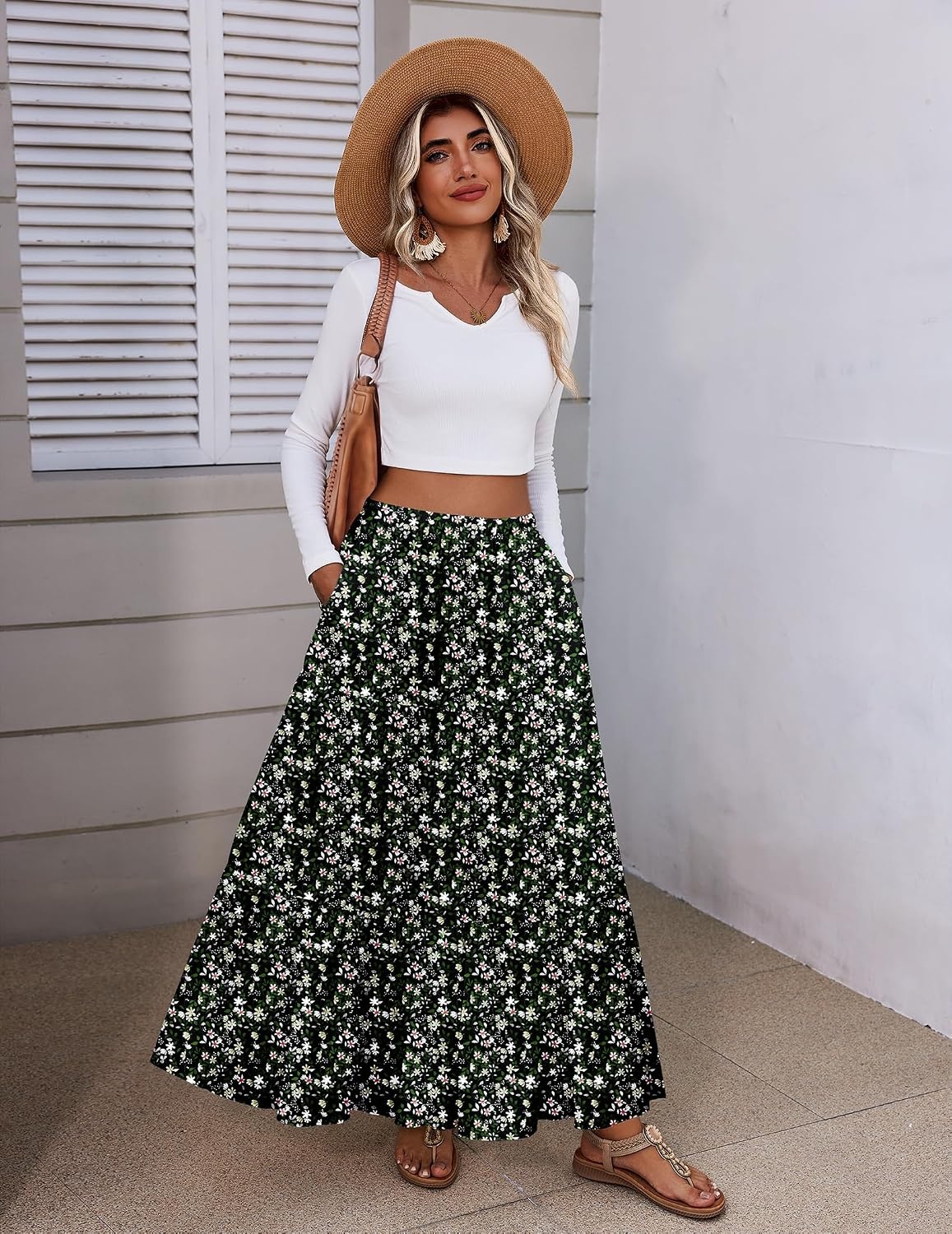 image:imageZeagoo Womens Maxi Skirt Chiffon Elastic High Waist Pockets Pleated ALine Flowy SkirtsXh577