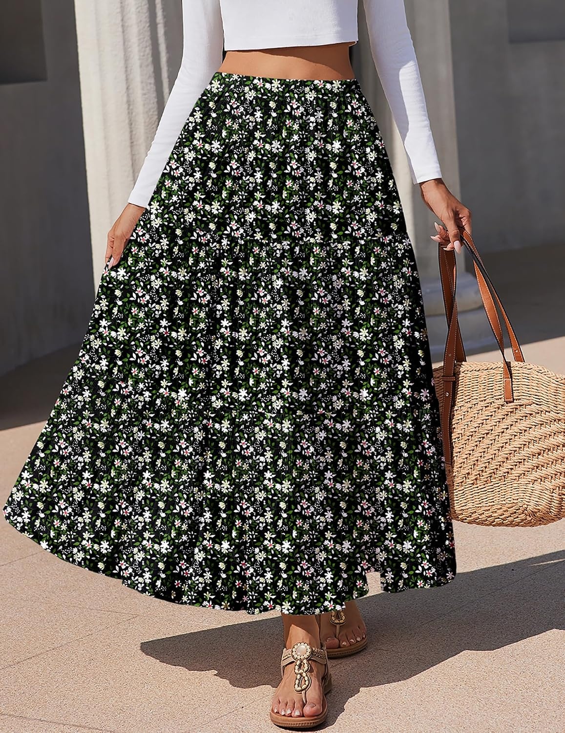 image:imageZeagoo Womens Maxi Skirt Chiffon Elastic High Waist Pockets Pleated ALine Flowy SkirtsXh577
