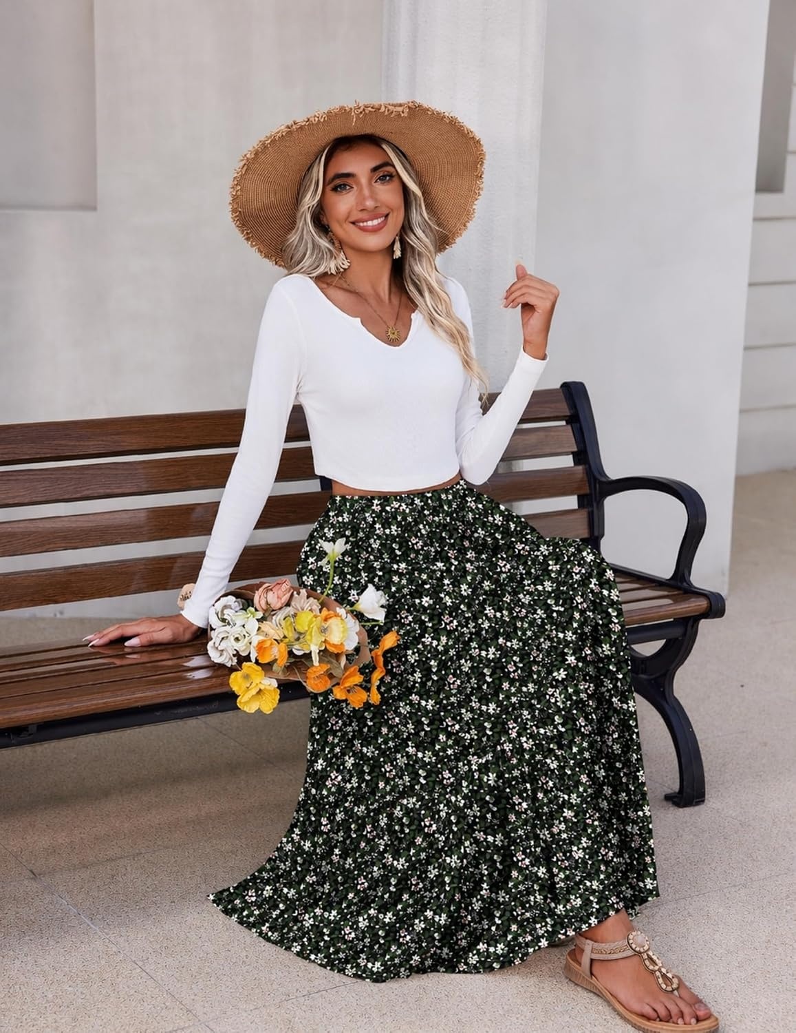 image:imageZeagoo Womens Maxi Skirt Chiffon Elastic High Waist Pockets Pleated ALine Flowy SkirtsXh577