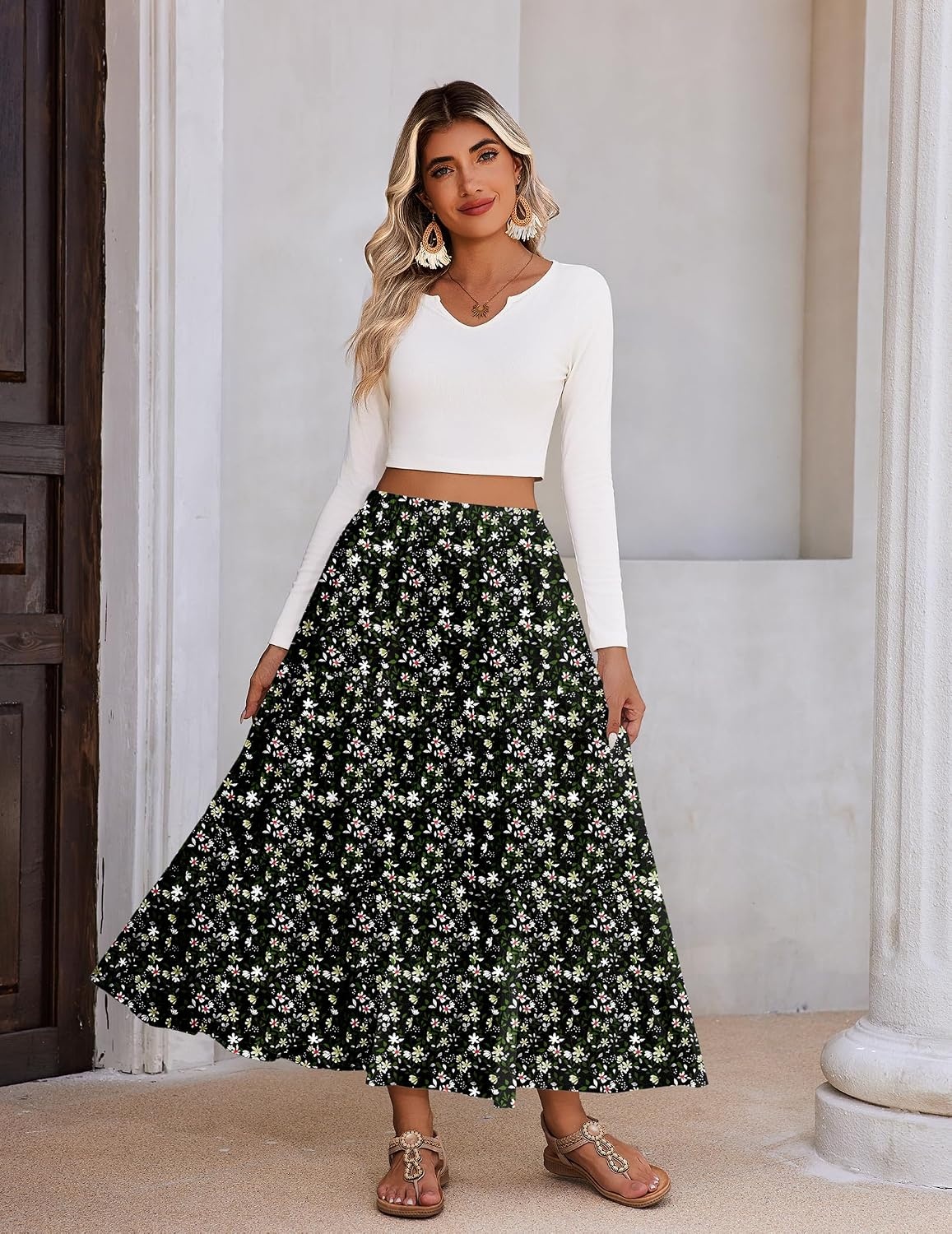 image:imageZeagoo Womens Maxi Skirt Chiffon Elastic High Waist Pockets Pleated ALine Flowy SkirtsXh577