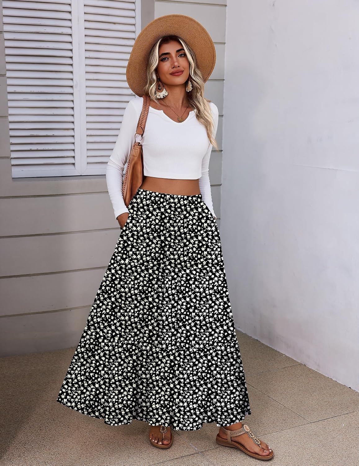 image:imageZeagoo Womens Maxi Skirt Chiffon Elastic High Waist Pockets Pleated ALine Flowy SkirtsXh581