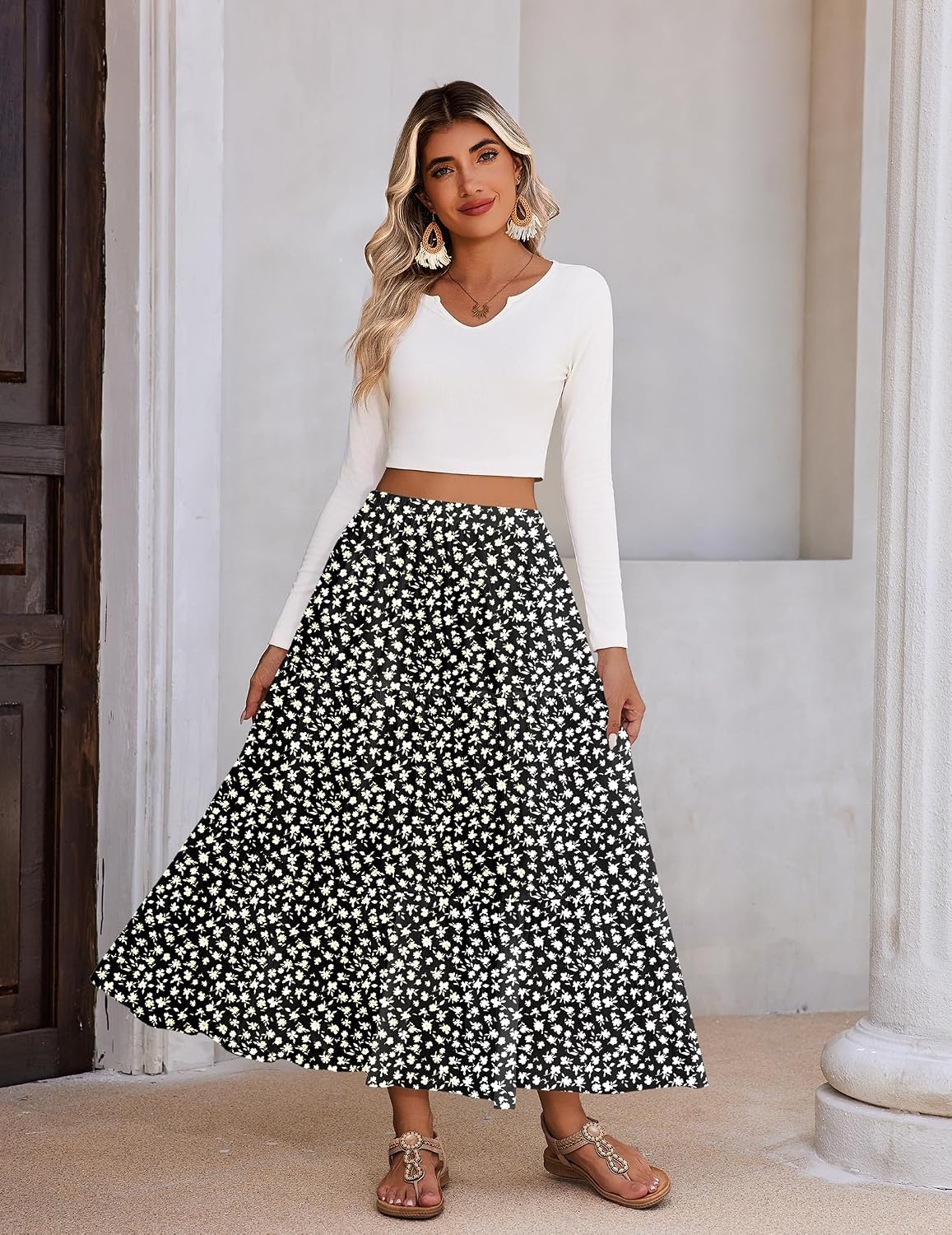 image:imageZeagoo Womens Maxi Skirt Chiffon Elastic High Waist Pockets Pleated ALine Flowy SkirtsXh581