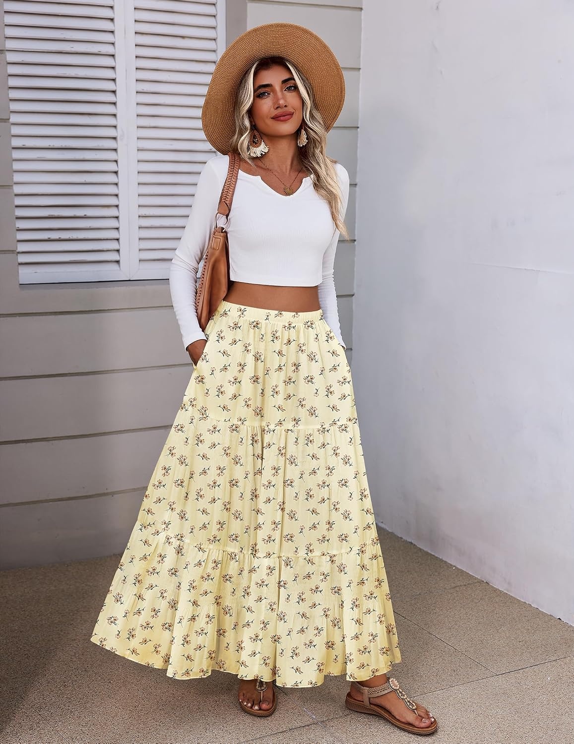 image:imageZeagoo Womens Maxi Skirt Chiffon Elastic High Waist Pockets Pleated ALine Flowy SkirtsXh582