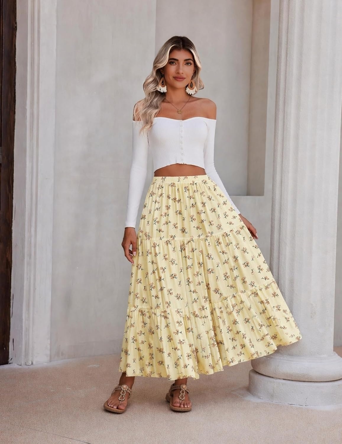 image:imageZeagoo Womens Maxi Skirt Chiffon Elastic High Waist Pockets Pleated ALine Flowy SkirtsXh582