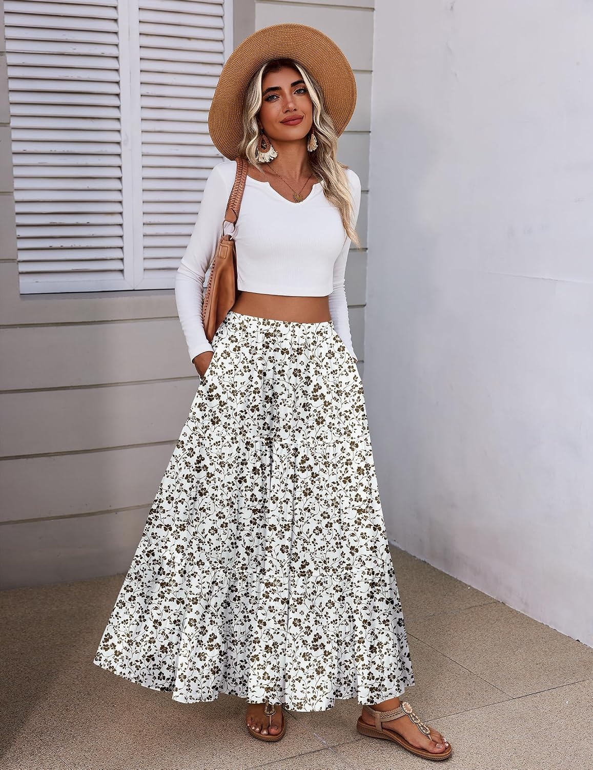 image:imageZeagoo Womens Maxi Skirt Chiffon Elastic High Waist Pockets Pleated ALine Flowy SkirtsXh583