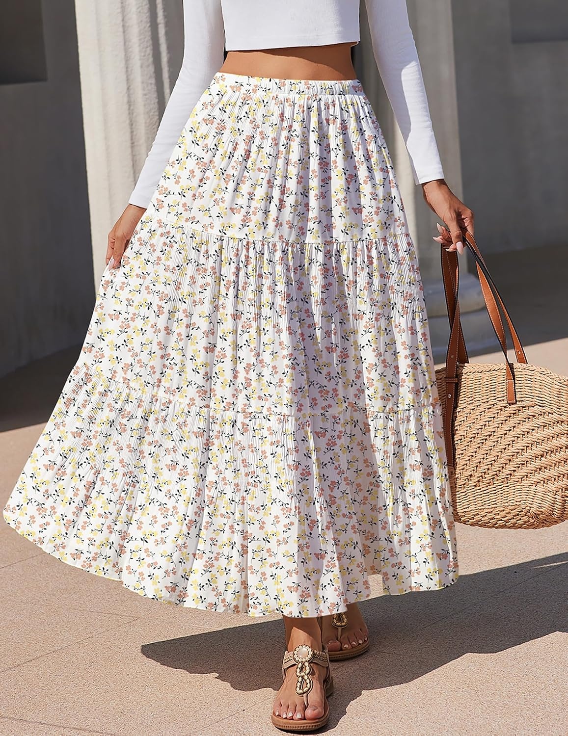 image:imageZeagoo Womens Maxi Skirt Chiffon Elastic High Waist Pockets Pleated ALine Flowy SkirtsXh584