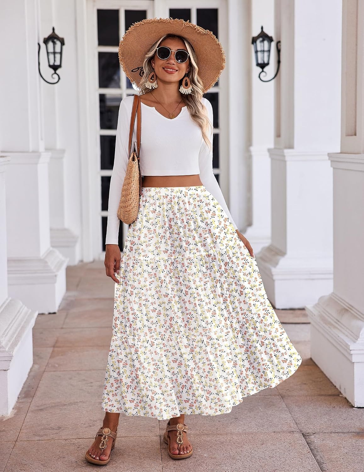 image:imageZeagoo Womens Maxi Skirt Chiffon Elastic High Waist Pockets Pleated ALine Flowy SkirtsXh584