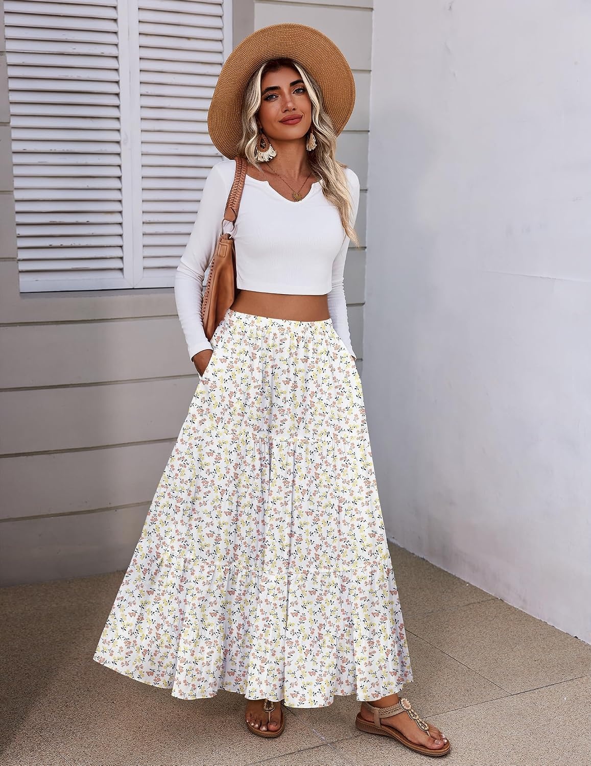 image:imageZeagoo Womens Maxi Skirt Chiffon Elastic High Waist Pockets Pleated ALine Flowy SkirtsXh584