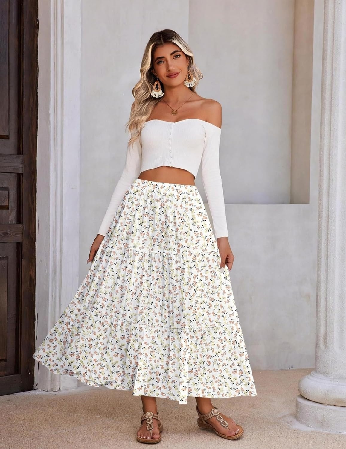 image:imageZeagoo Womens Maxi Skirt Chiffon Elastic High Waist Pockets Pleated ALine Flowy SkirtsXh584
