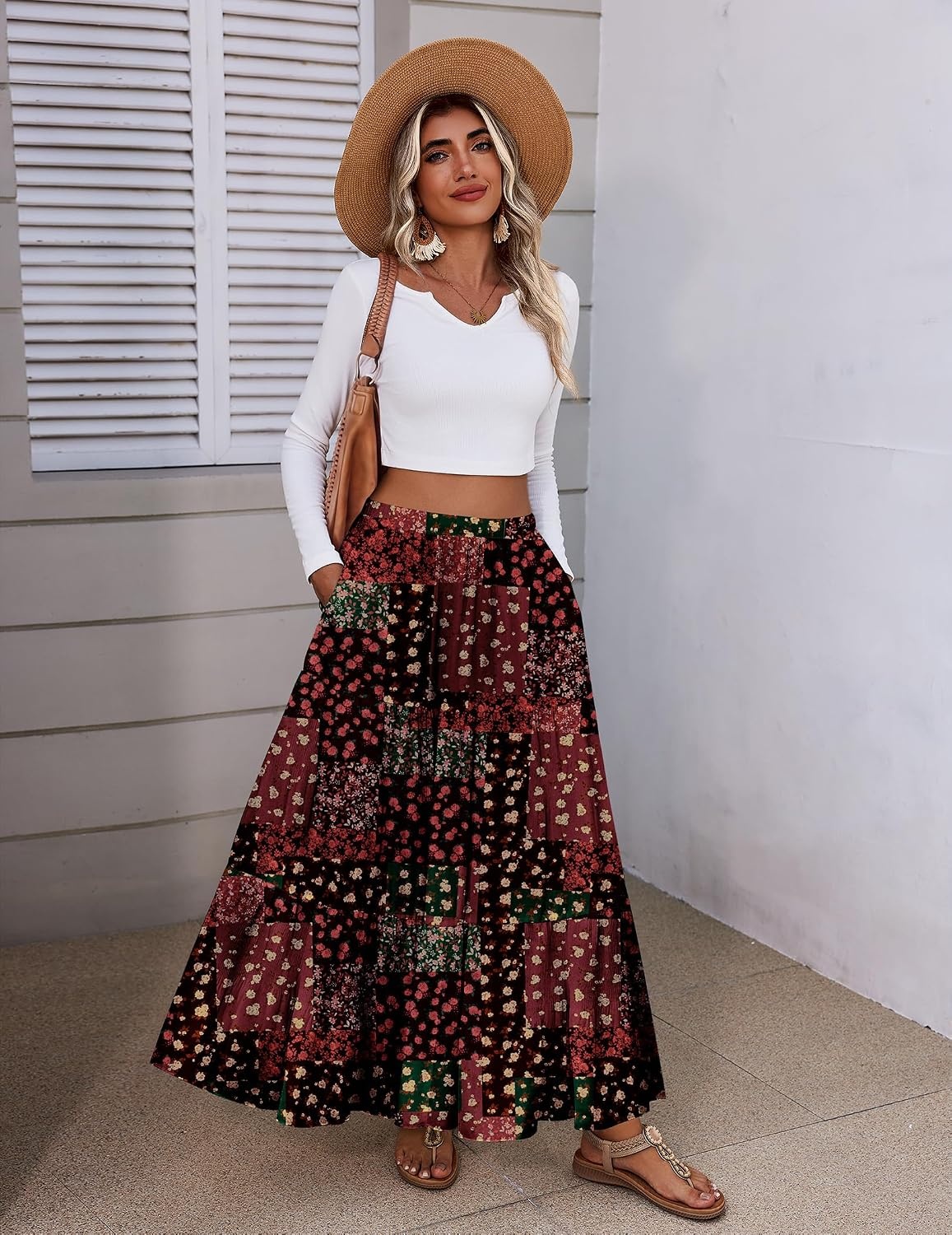 image:imageZeagoo Womens Maxi Skirt Chiffon Elastic High Waist Pockets Pleated ALine Flowy SkirtsXh585