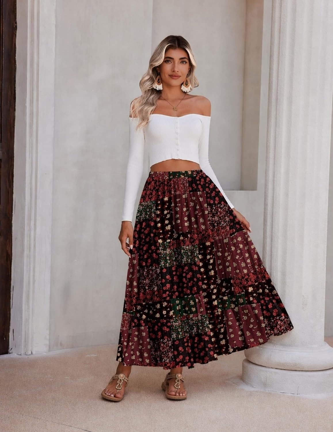 image:imageZeagoo Womens Maxi Skirt Chiffon Elastic High Waist Pockets Pleated ALine Flowy SkirtsXh585
