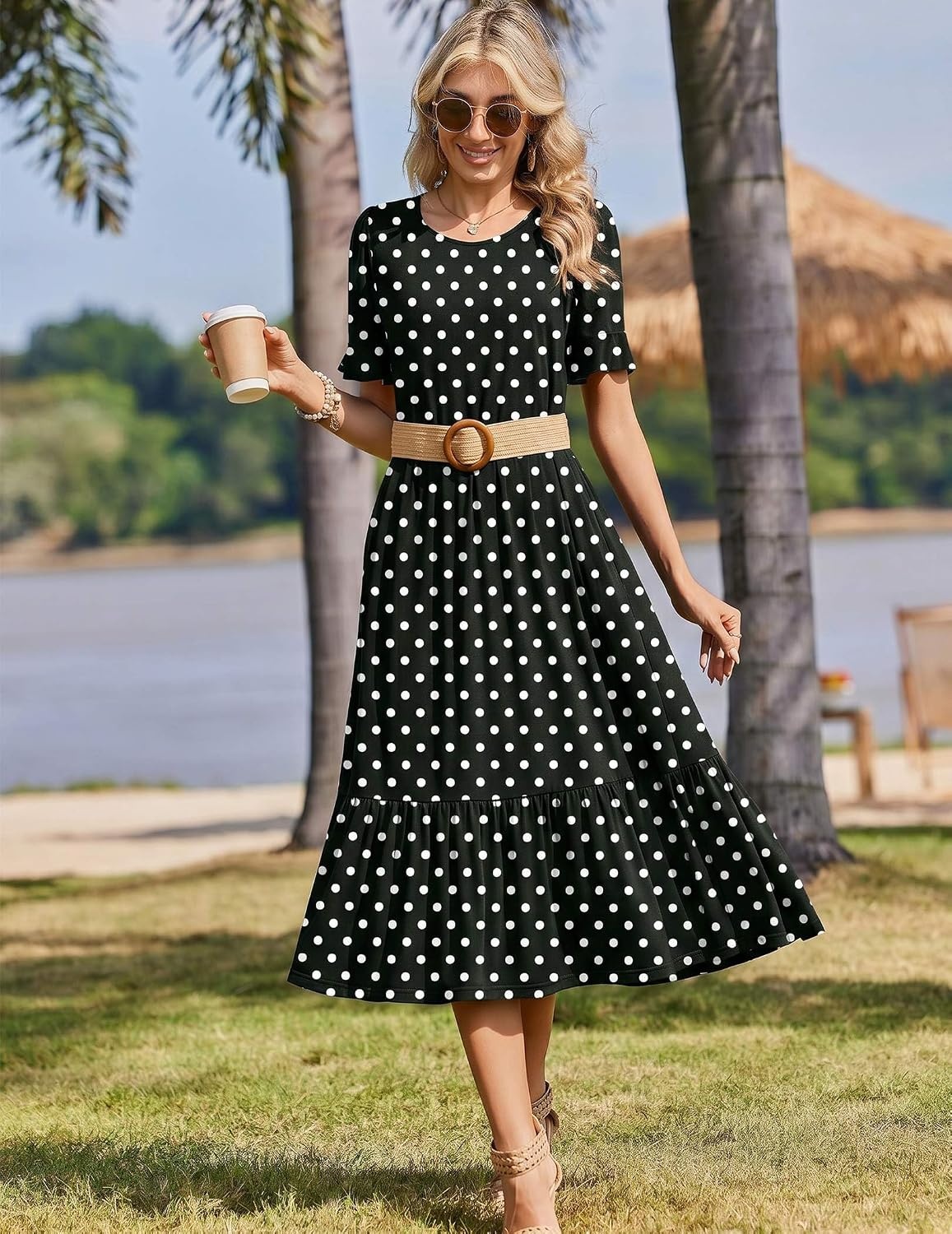 image:imageZeagoo Womens Summer Dresses 2026 Casual Midi Dress Flowy Sundress Ruffle Short Sleeve Tiered Dresses A Line Boho DressBlack Dot