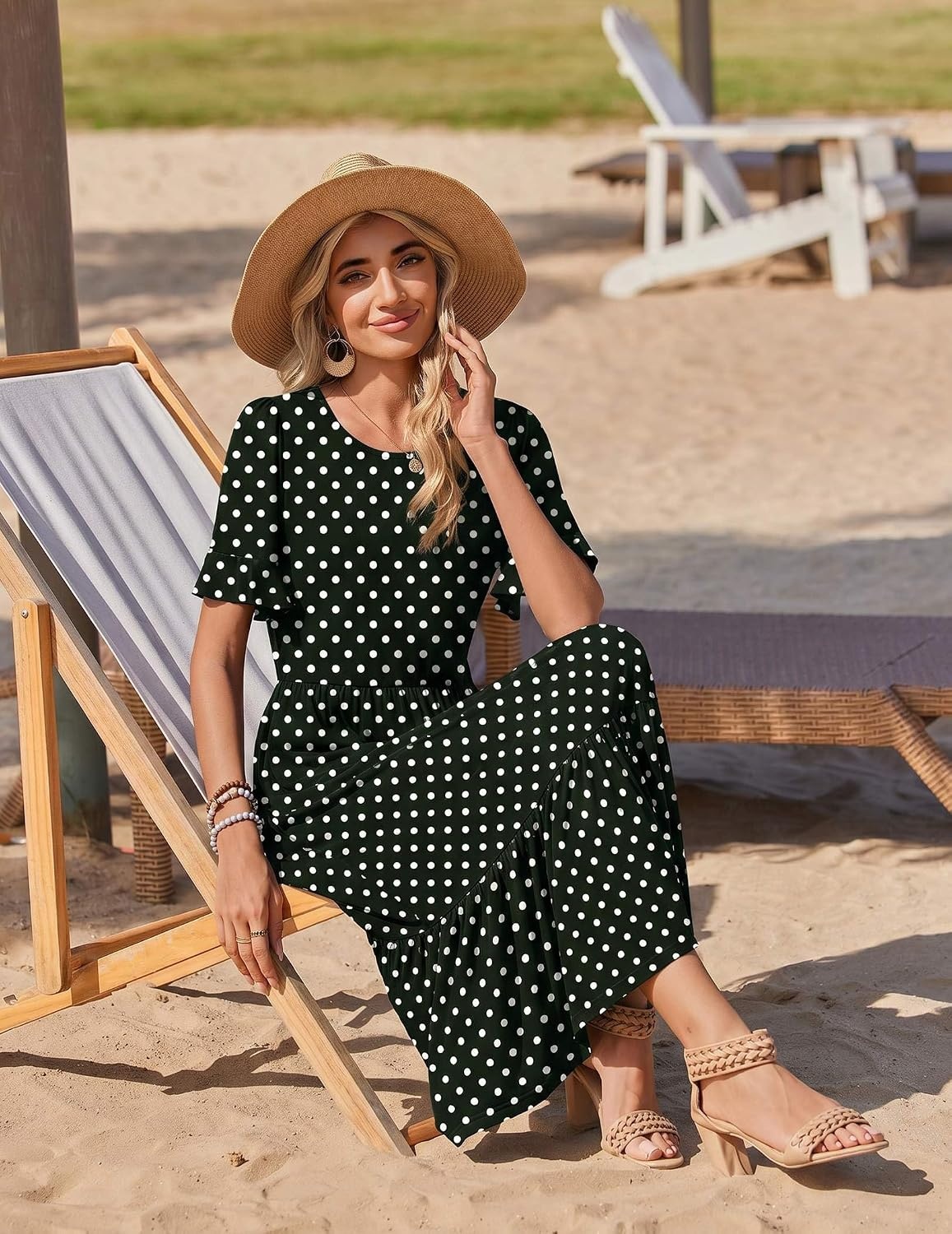 image:imageZeagoo Womens Summer Dresses 2026 Casual Midi Dress Flowy Sundress Ruffle Short Sleeve Tiered Dresses A Line Boho DressBlack Dot