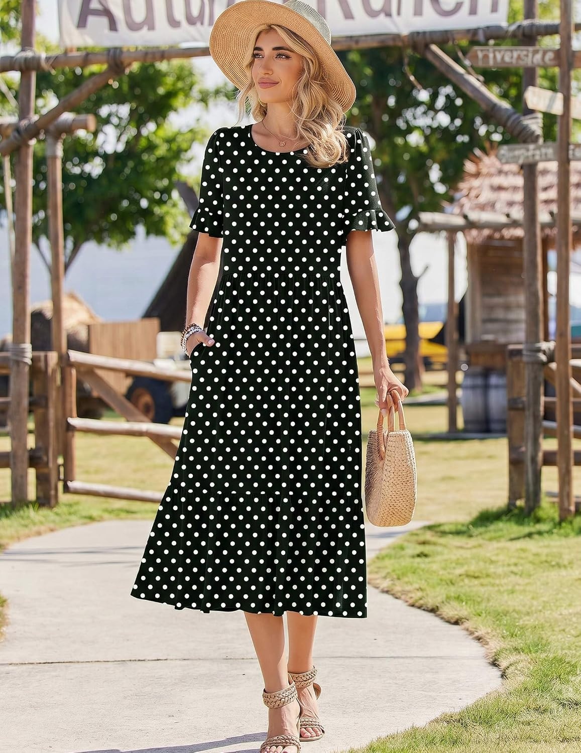 image:imageZeagoo Womens Summer Dresses 2026 Casual Midi Dress Flowy Sundress Ruffle Short Sleeve Tiered Dresses A Line Boho DressBlack Dot