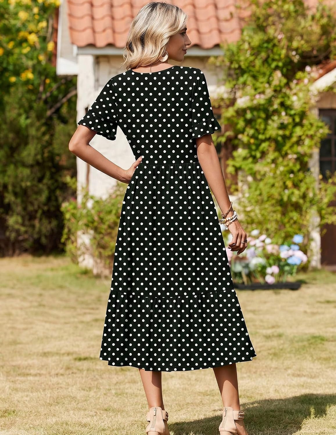 image:imageZeagoo Womens Summer Dresses 2026 Casual Midi Dress Flowy Sundress Ruffle Short Sleeve Tiered Dresses A Line Boho DressBlack Dot