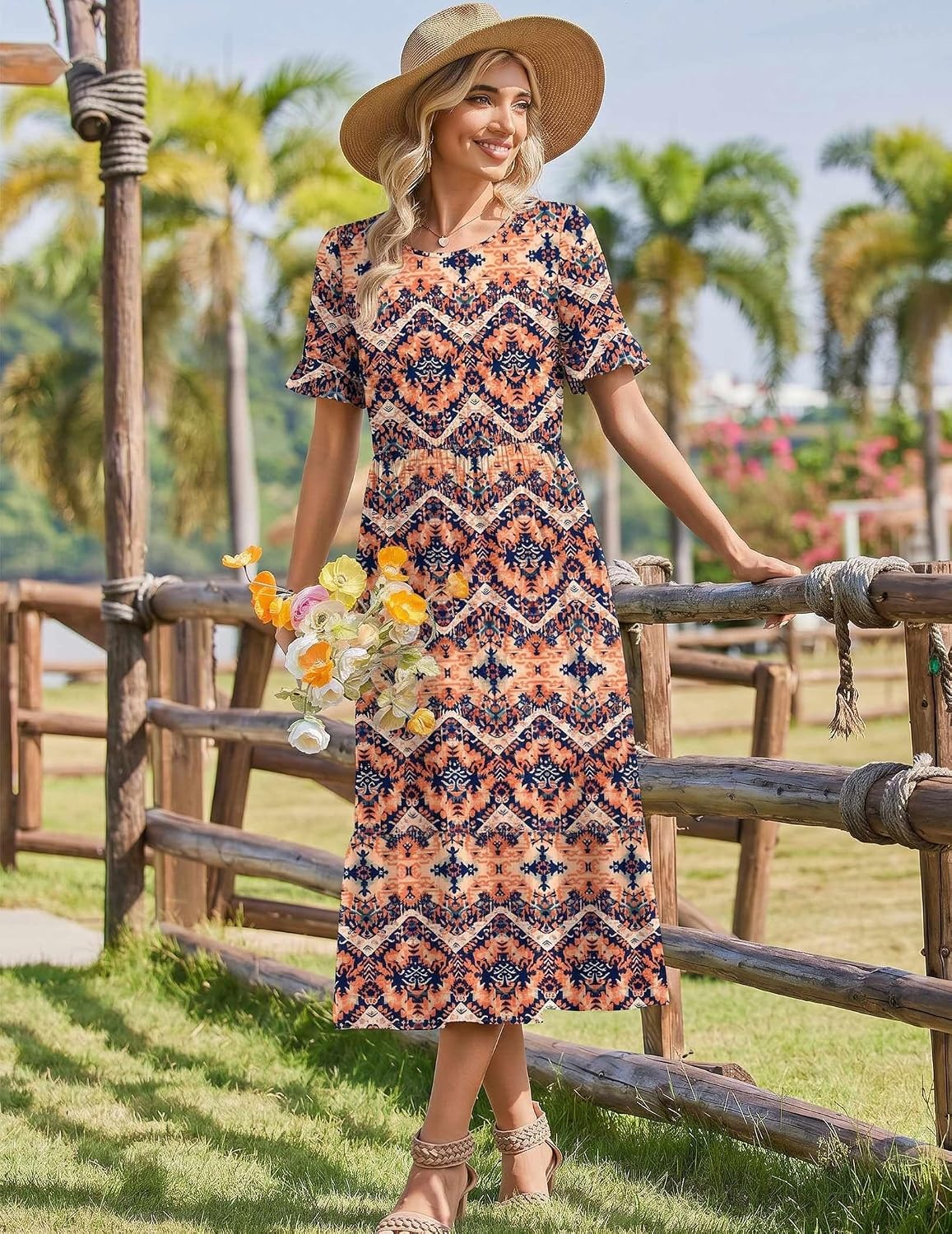 image:imageZeagoo Womens Summer Dresses 2026 Casual Midi Dress Flowy Sundress Ruffle Short Sleeve Tiered Dresses A Line Boho DressBoho Orange