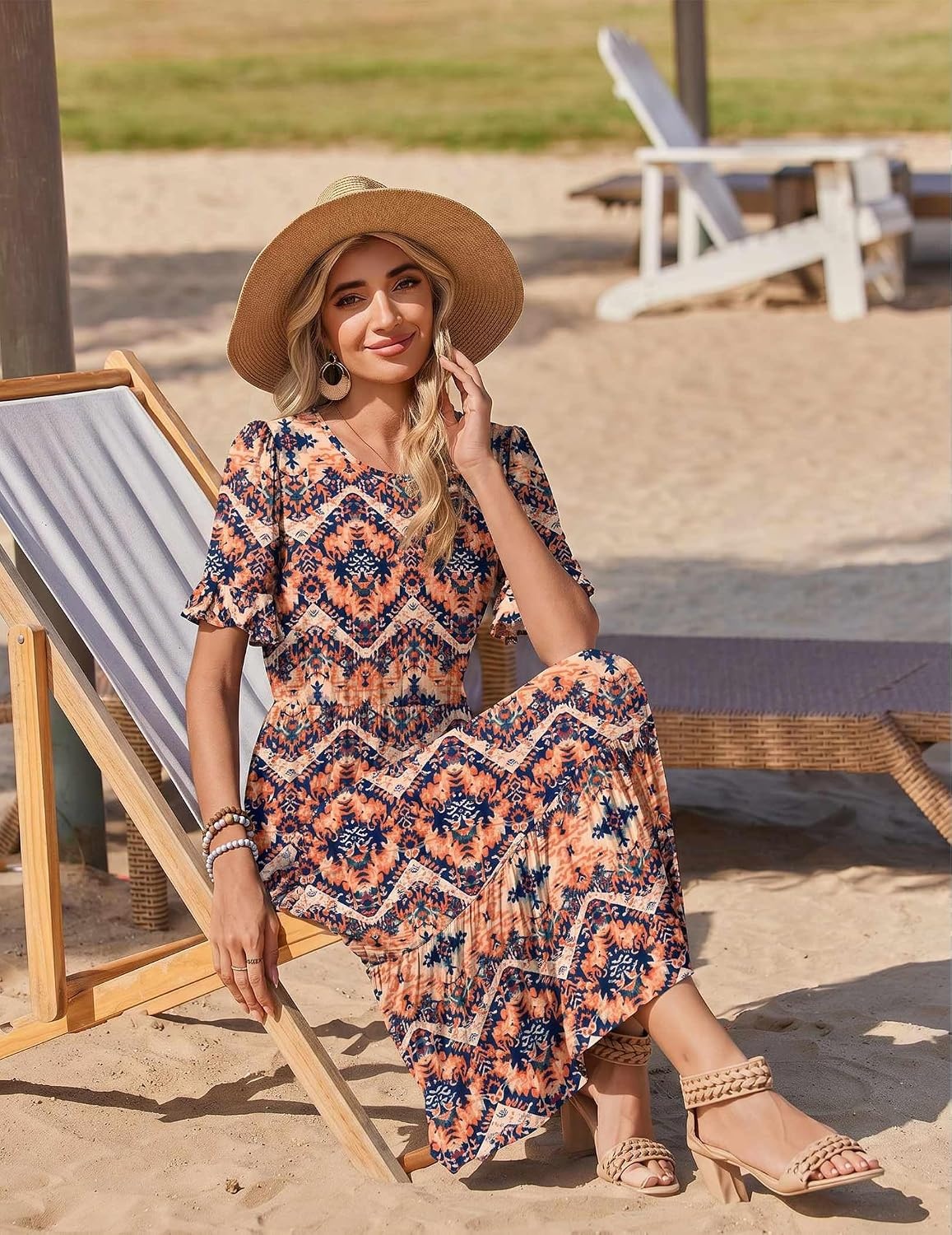 image:imageZeagoo Womens Summer Dresses 2026 Casual Midi Dress Flowy Sundress Ruffle Short Sleeve Tiered Dresses A Line Boho DressBoho Orange