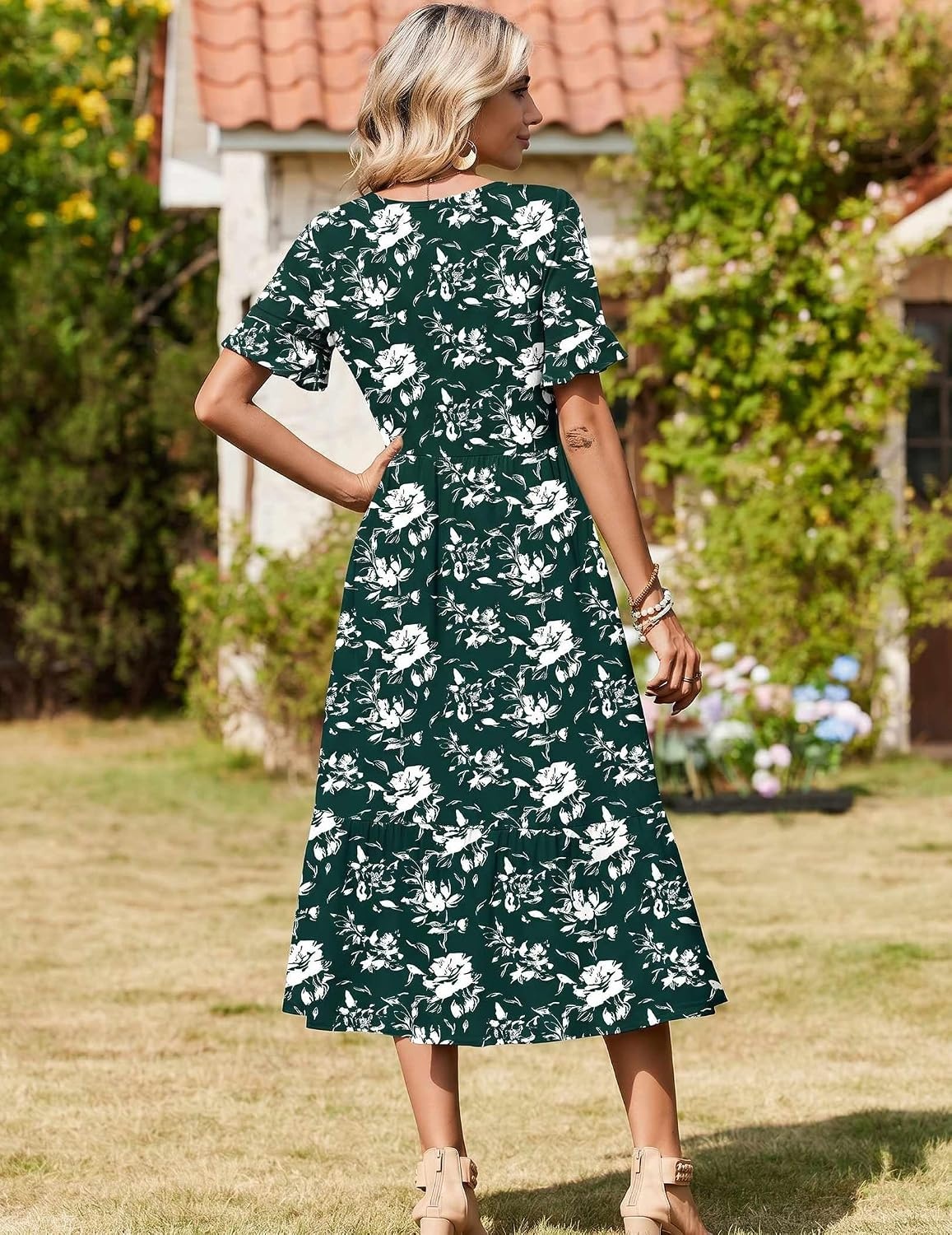 image:imageZeagoo Womens Summer Dresses 2026 Casual Midi Dress Flowy Sundress Ruffle Short Sleeve Tiered Dresses A Line Boho DressDeep Green Floral