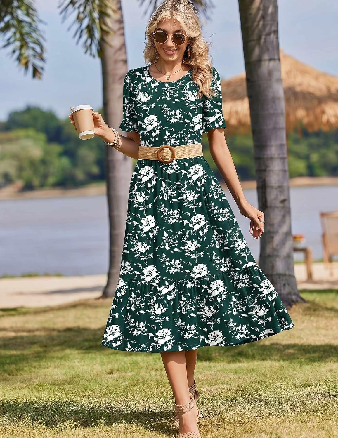 image:imageZeagoo Womens Summer Dresses 2026 Casual Midi Dress Flowy Sundress Ruffle Short Sleeve Tiered Dresses A Line Boho DressDeep Green Floral