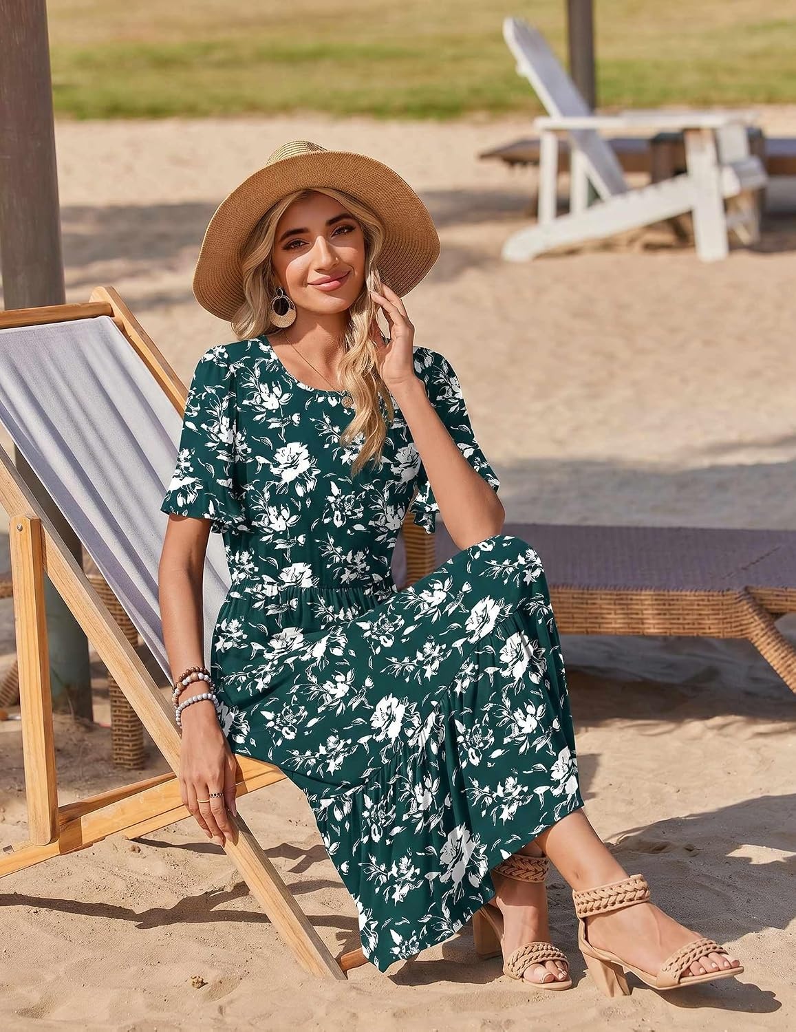 image:imageZeagoo Womens Summer Dresses 2026 Casual Midi Dress Flowy Sundress Ruffle Short Sleeve Tiered Dresses A Line Boho DressDeep Green Floral