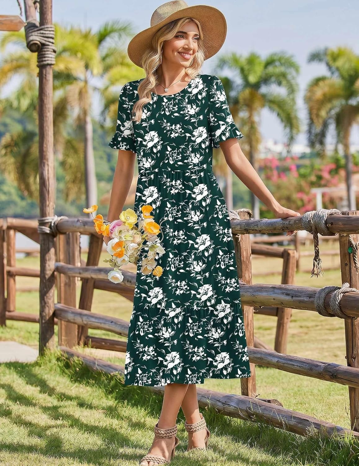 image:imageZeagoo Womens Summer Dresses 2026 Casual Midi Dress Flowy Sundress Ruffle Short Sleeve Tiered Dresses A Line Boho DressDeep Green Floral