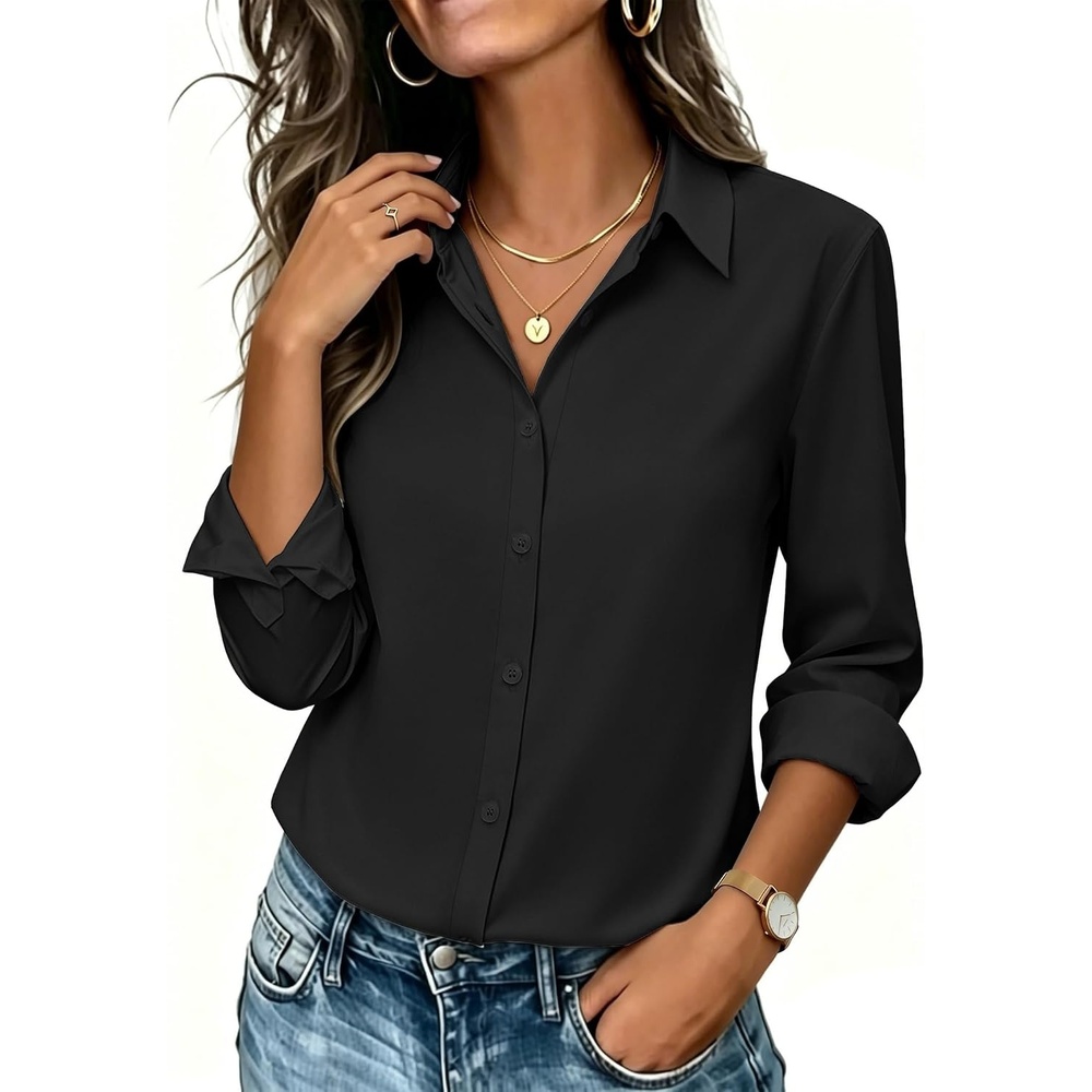 image:imageWomens Button Down Shirt Classic Fit Dress Shirt Work Business Casual Long Sleeve Blouse TopsAblack