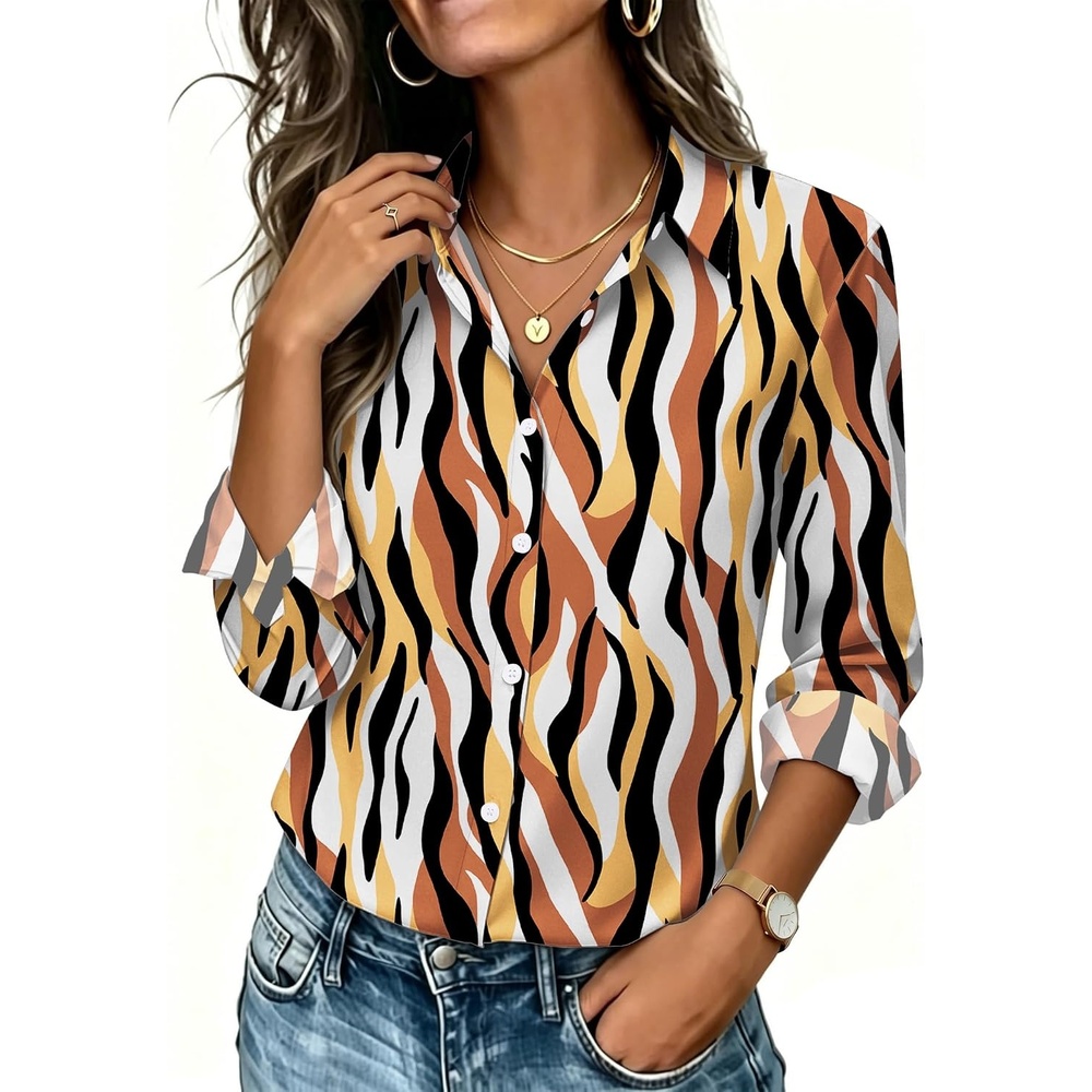 image:imageWomens Button Down Shirt Classic Fit Dress Shirt Work Business Casual Long Sleeve Blouse TopsMulticolor Print