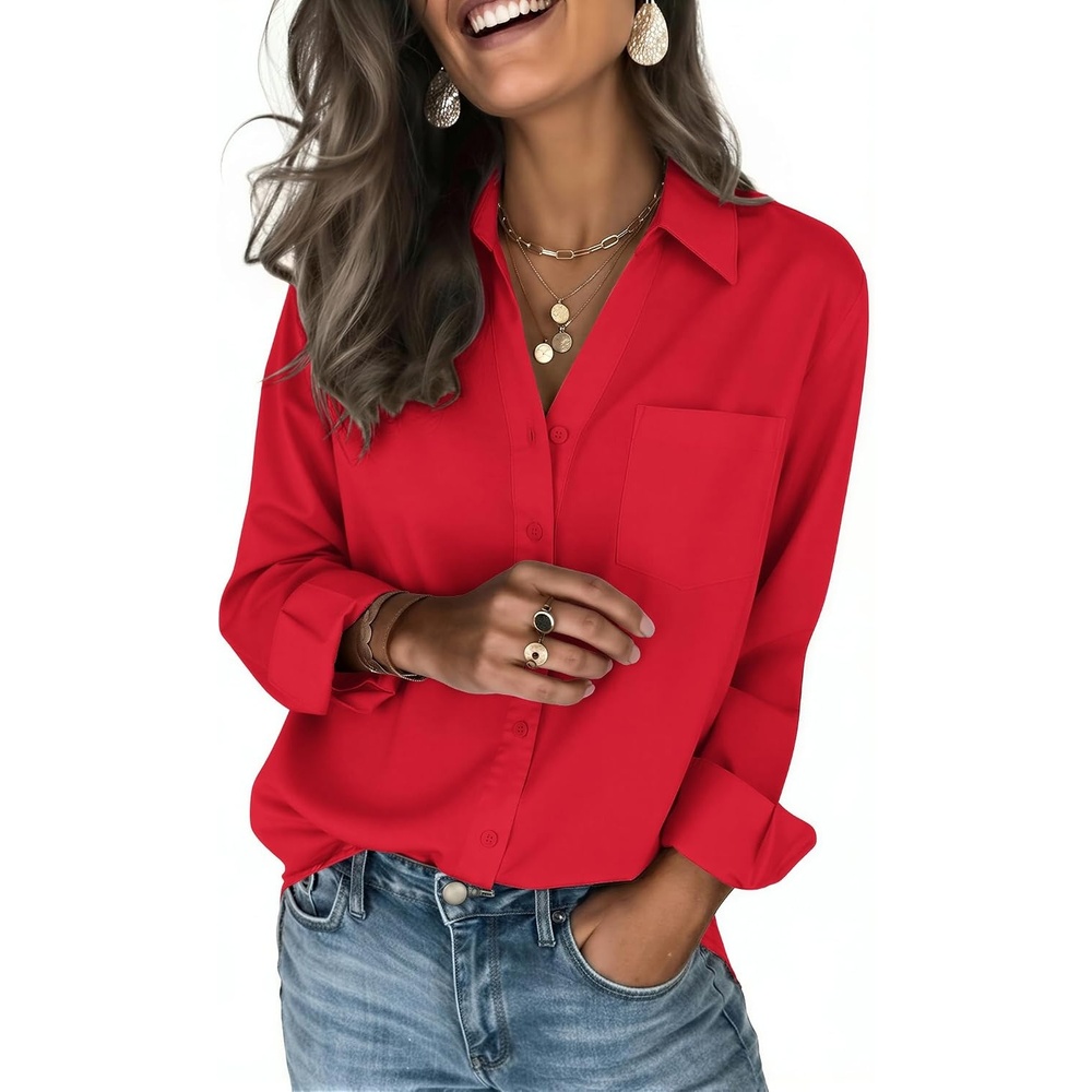 image:imageZeagoo Blouses for Women Long Sleeve Button Down Shirts Dressy Casual Collared Tops Business Work OutfitsRed
