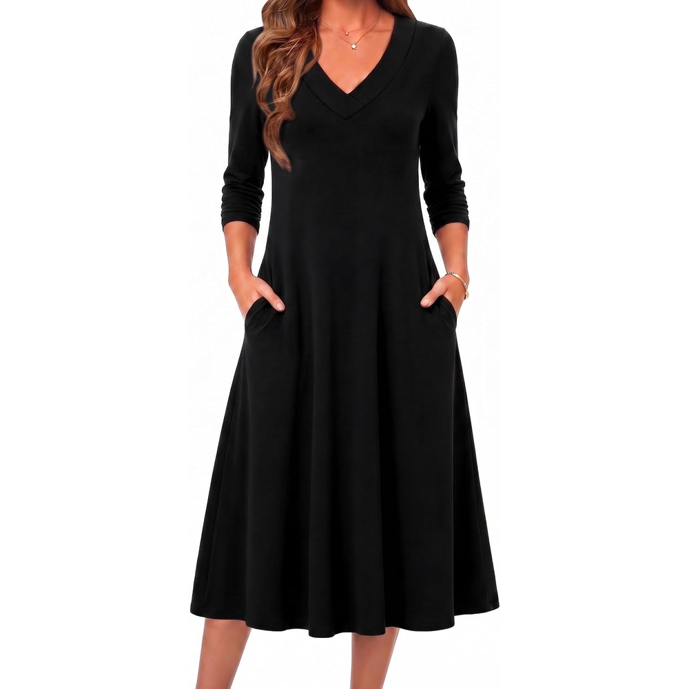 image:imageZeagoo Fall Dresses for Women Long Sleeve Midi Dress Casual A Line Dress 2026 V Neck Flare Dress with PocketsBlack