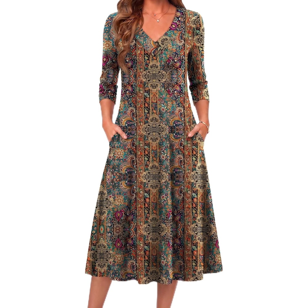 image:imageZeagoo Fall Dresses for Women Long Sleeve Midi Dress Casual A Line Dress 2026 V Neck Flare Dress with PocketsFloral Printed1
