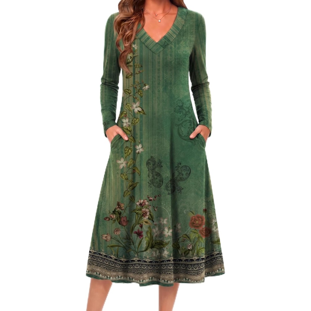 image:imageZeagoo Fall Dresses for Women Long Sleeve Midi Dress Casual A Line Dress 2026 V Neck Flare Dress with PocketsGreen Floral
