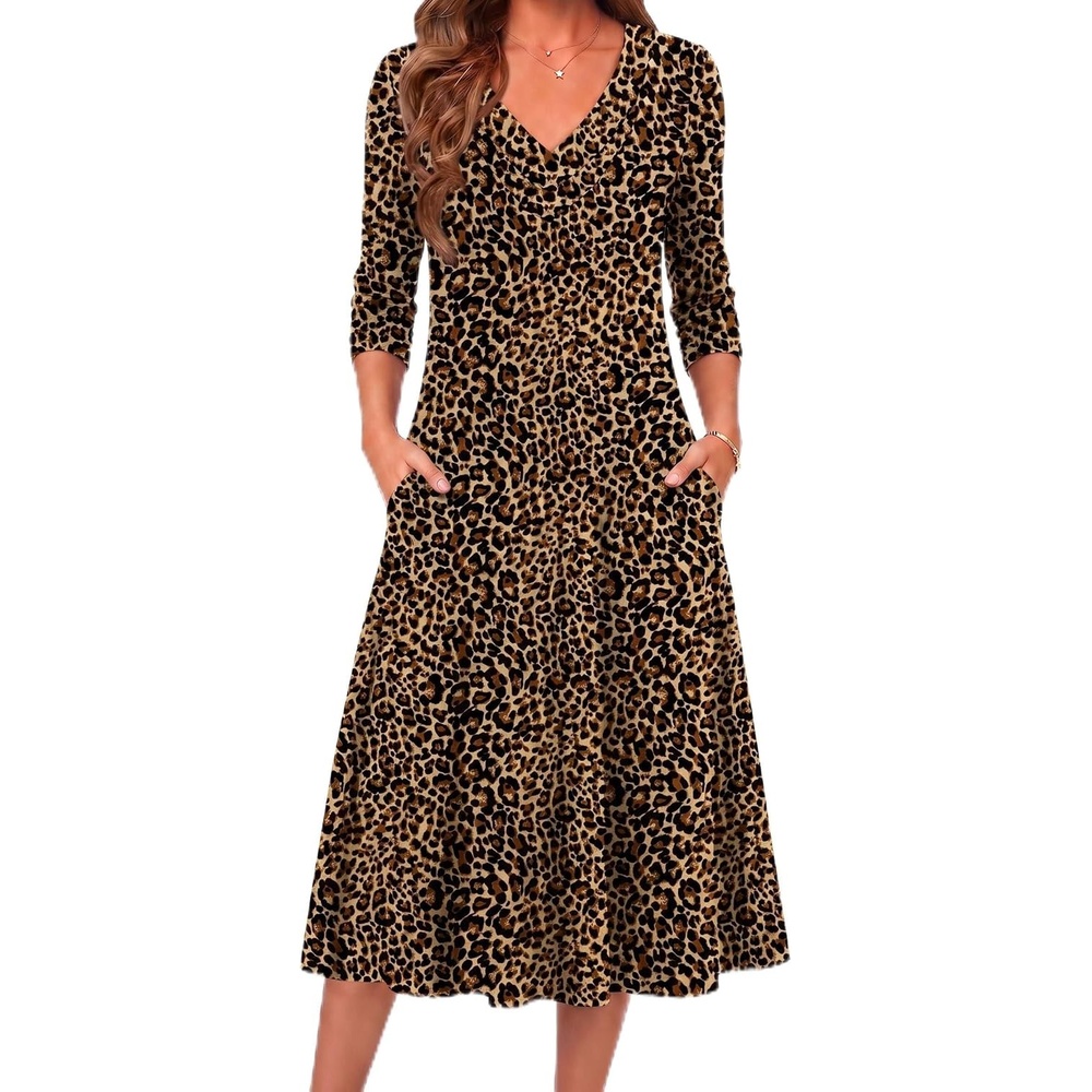 image:imageZeagoo Fall Dresses for Women Long Sleeve Midi Dress Casual A Line Dress 2026 V Neck Flare Dress with PocketsLeopard Print