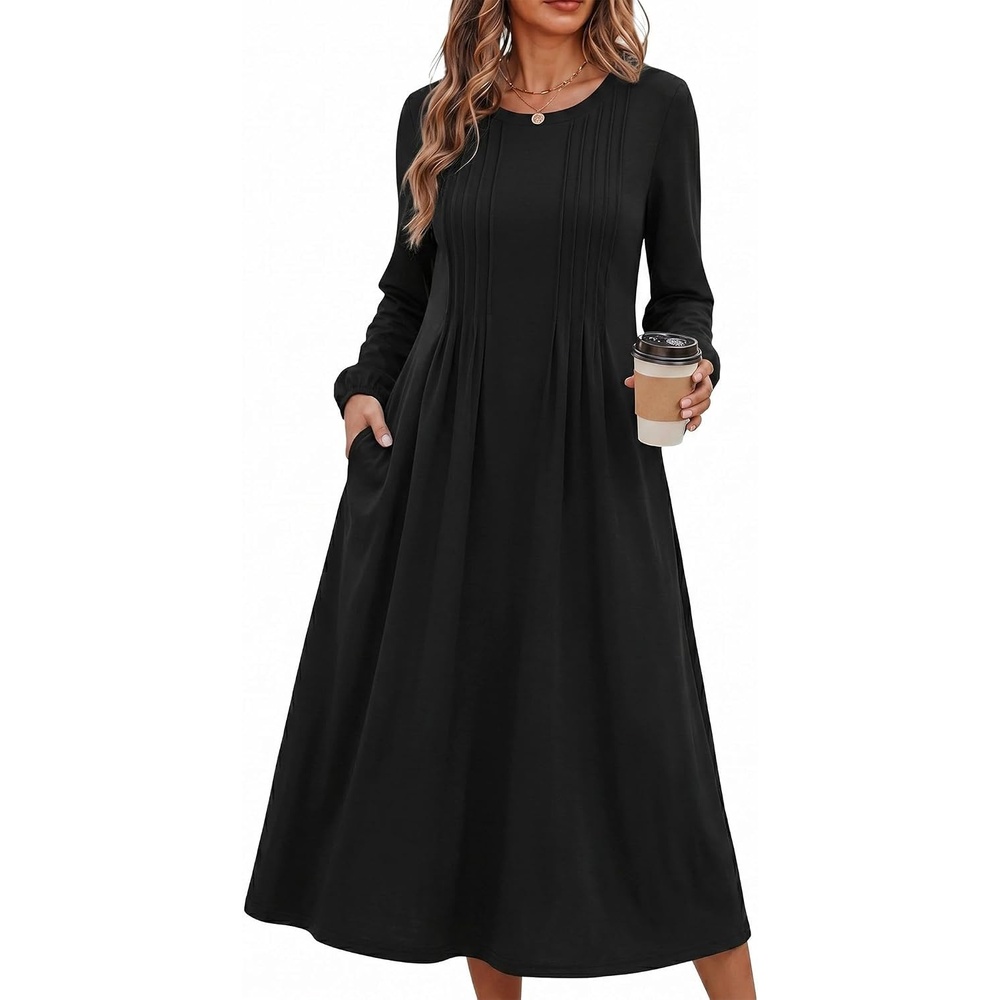 image:imageZeagoo Fall Dresses for Women Long Sleeve Midi Dress Casual A Line Dresses 2026 Pleated Flare Dress with PocketsAblack