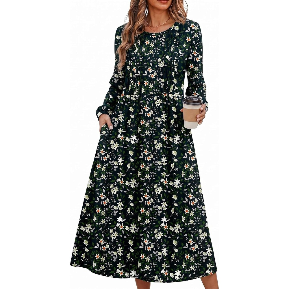 image:imageZeagoo Fall Dresses for Women Long Sleeve Midi Dress Casual A Line Dresses 2026 Pleated Flare Dress with PocketsLittle Green Flower