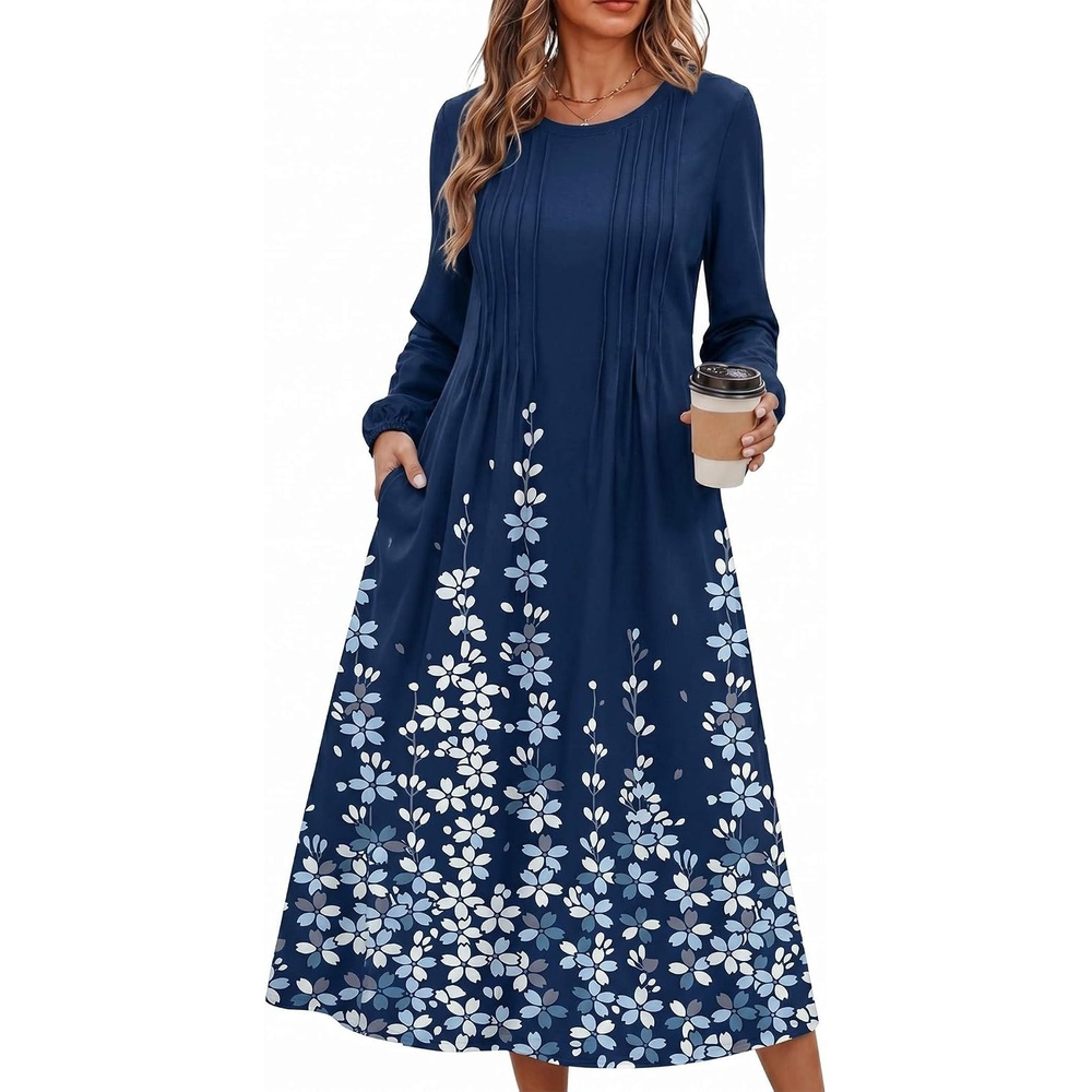 image:imageZeagoo Fall Dresses for Women Long Sleeve Midi Dress Casual A Line Dresses 2026 Pleated Flare Dress with PocketsNavy Floral